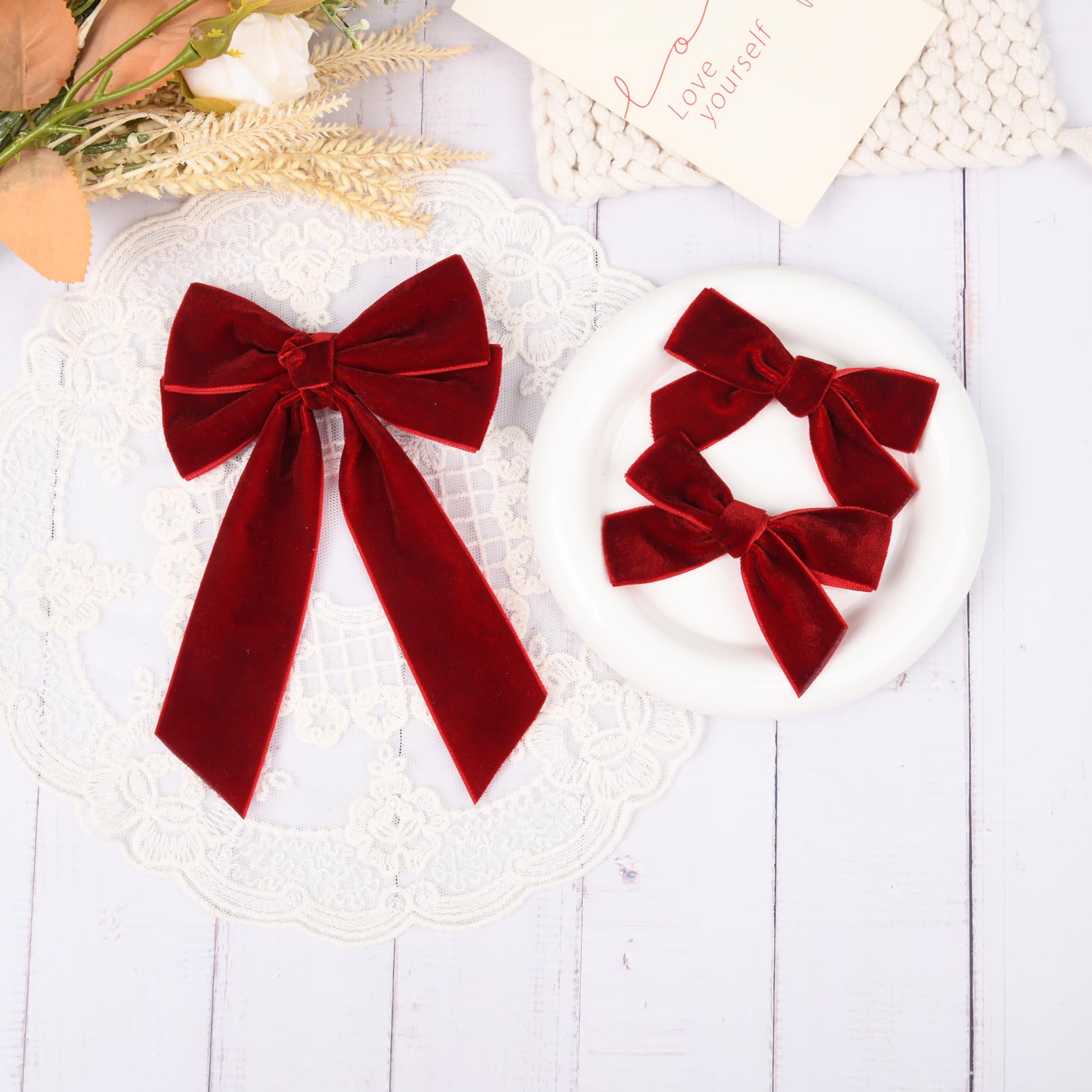 3 Pcs Velvet Bows Hair Clip Ribbon Red Accessories Ponytail Holder Hair Bow For Women Girls Toddlers Teens Kids