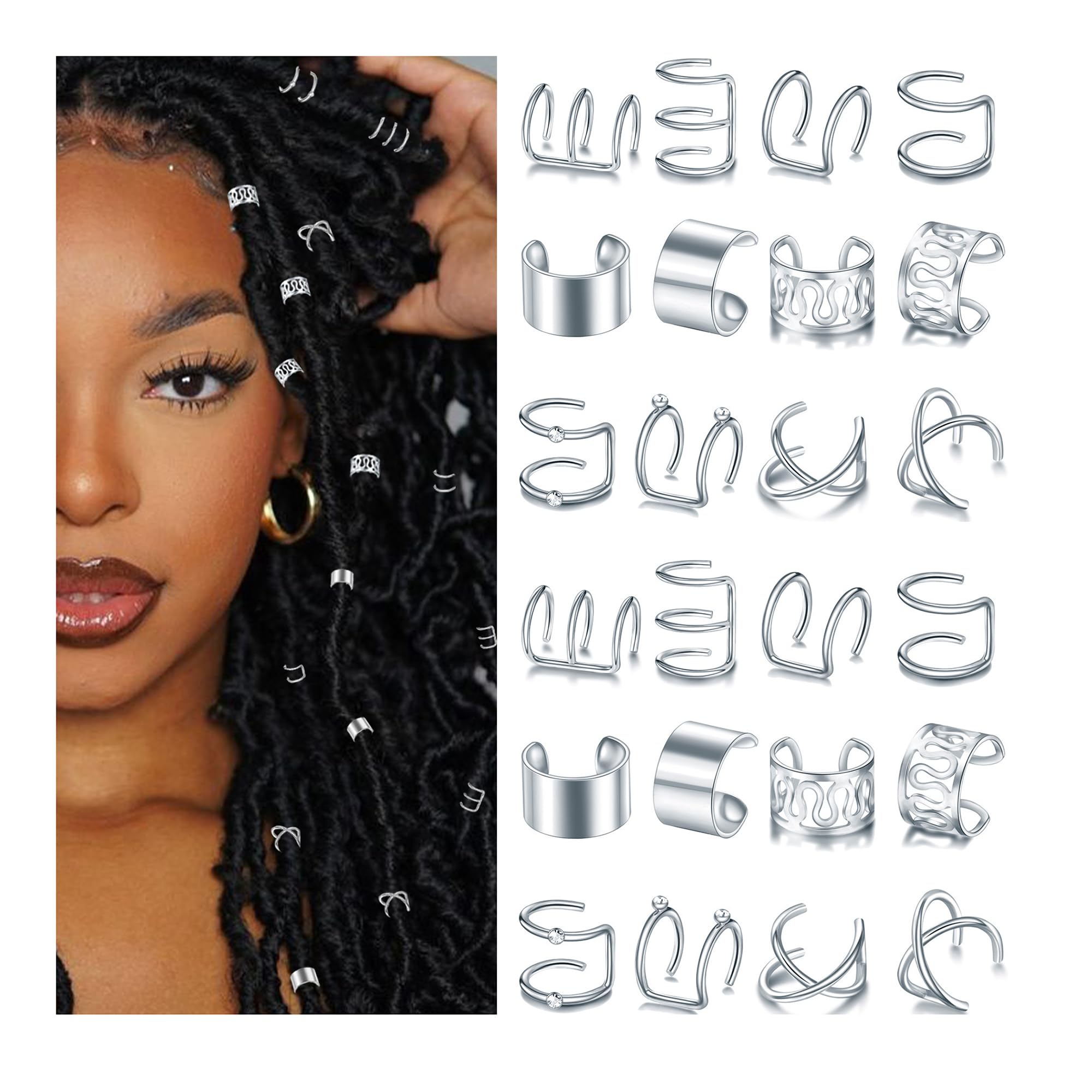 NAISKA 24PCS Hair Jewelry for Braids with Crystal Rhinestone Loc Dreadlock Accessories Metal Alloy Braid Clips Non-Piercing Ear 