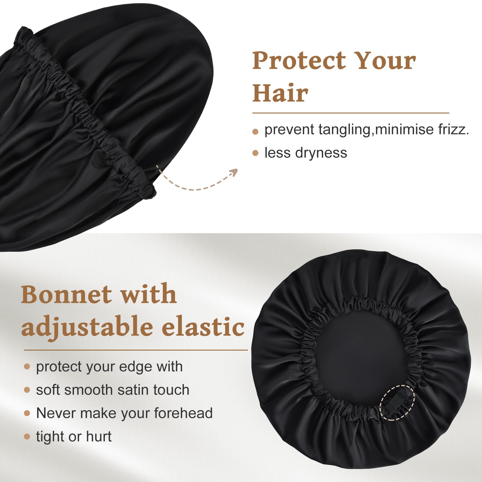 Aileam Silk Satin Hair Bonnets - Double Layer, Adjustable, Large Size, Black/Black