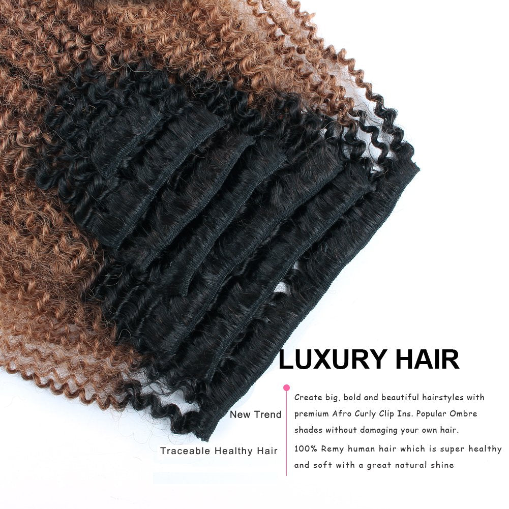 Amazingbeauty 3C 4A Big Afro Curly Ombre Hair Extensions Double Weft Real Remy Human Hair For African American, Two Tone Clip In