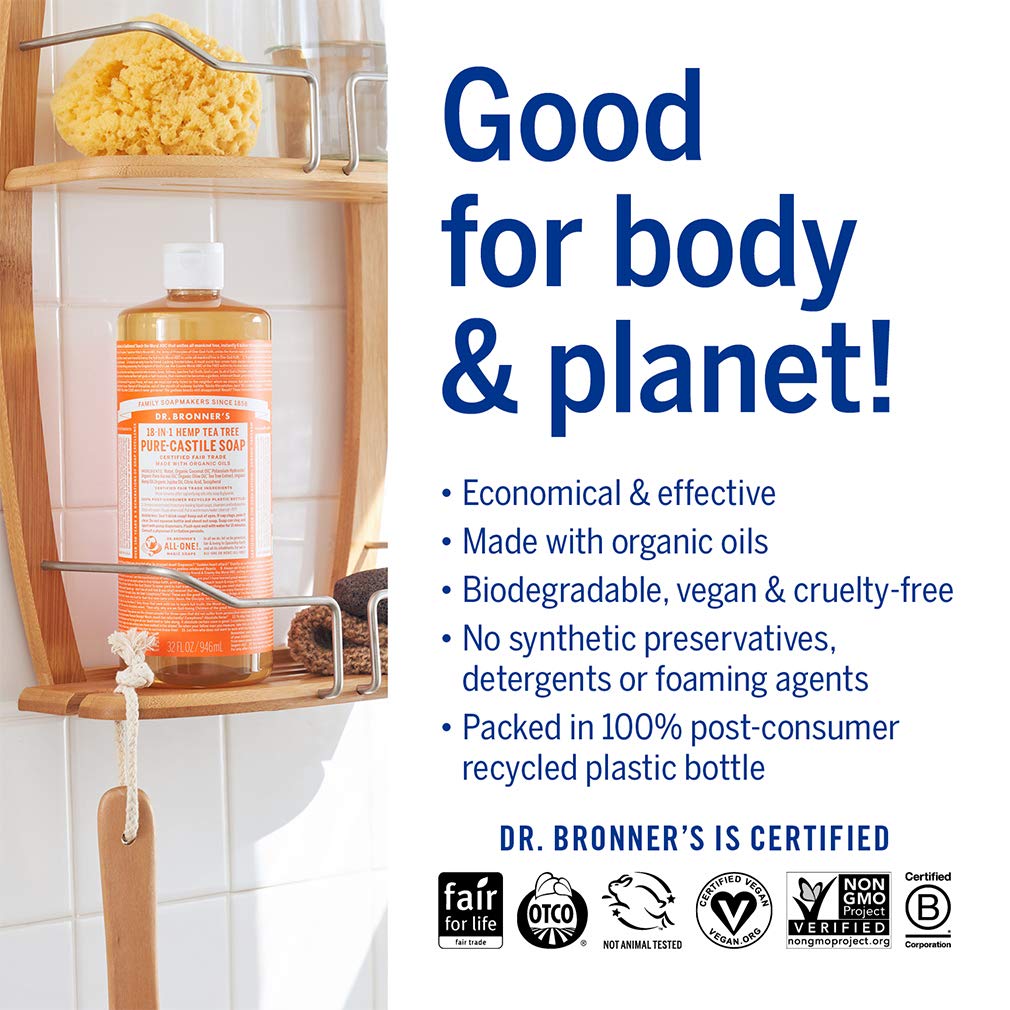 Dr. Bronners - Pure-Castile Liquid Soap (Tea Tree, 32 Ounce) - Made With Organic Oils, 18-In-1 Uses: Acne-Prone Skin, Dandruff,