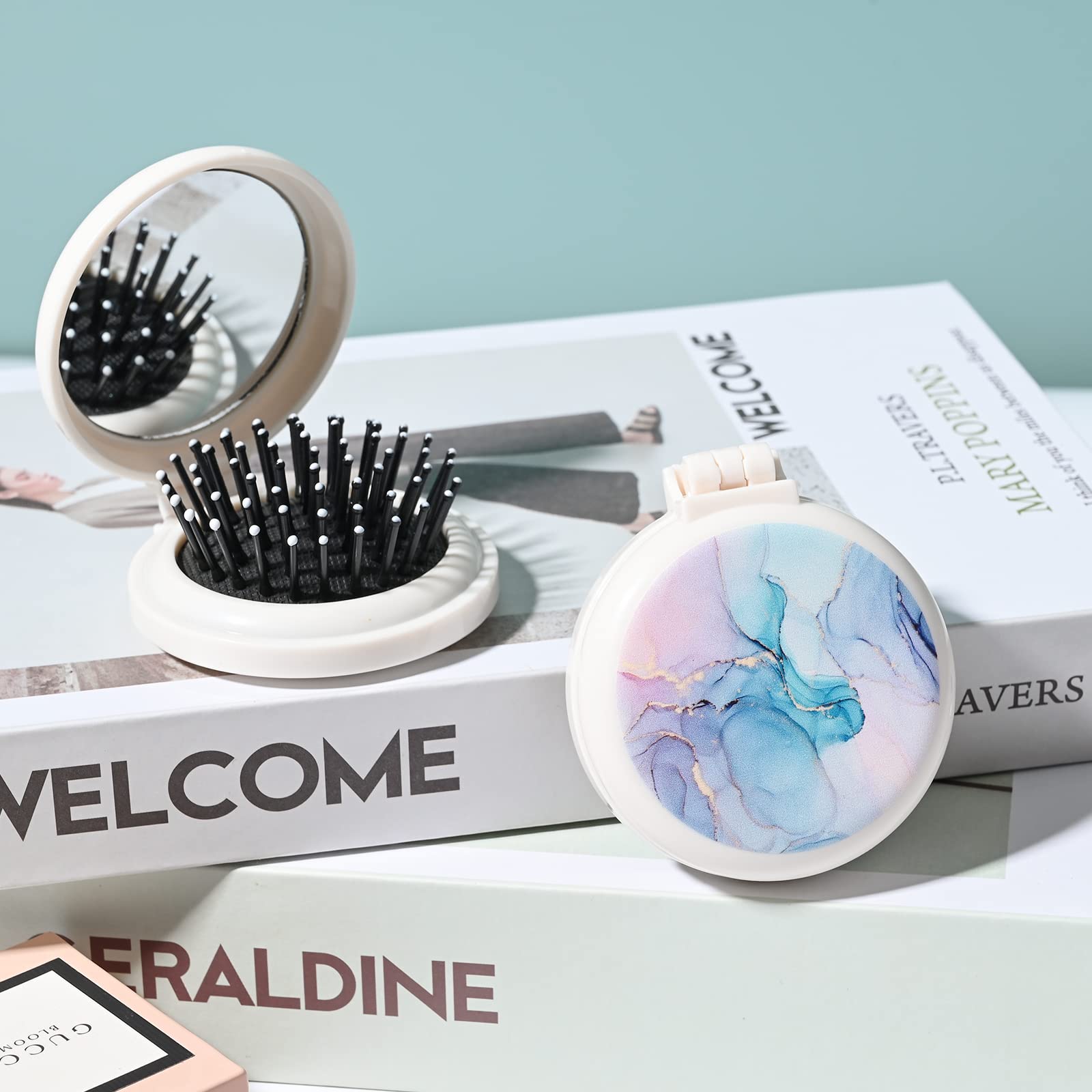 Mini Hairbrush, Pocket Hairbrush With Mirror, Portable For Purse/Pocket, Travel Size (2 Piece Marble Set)