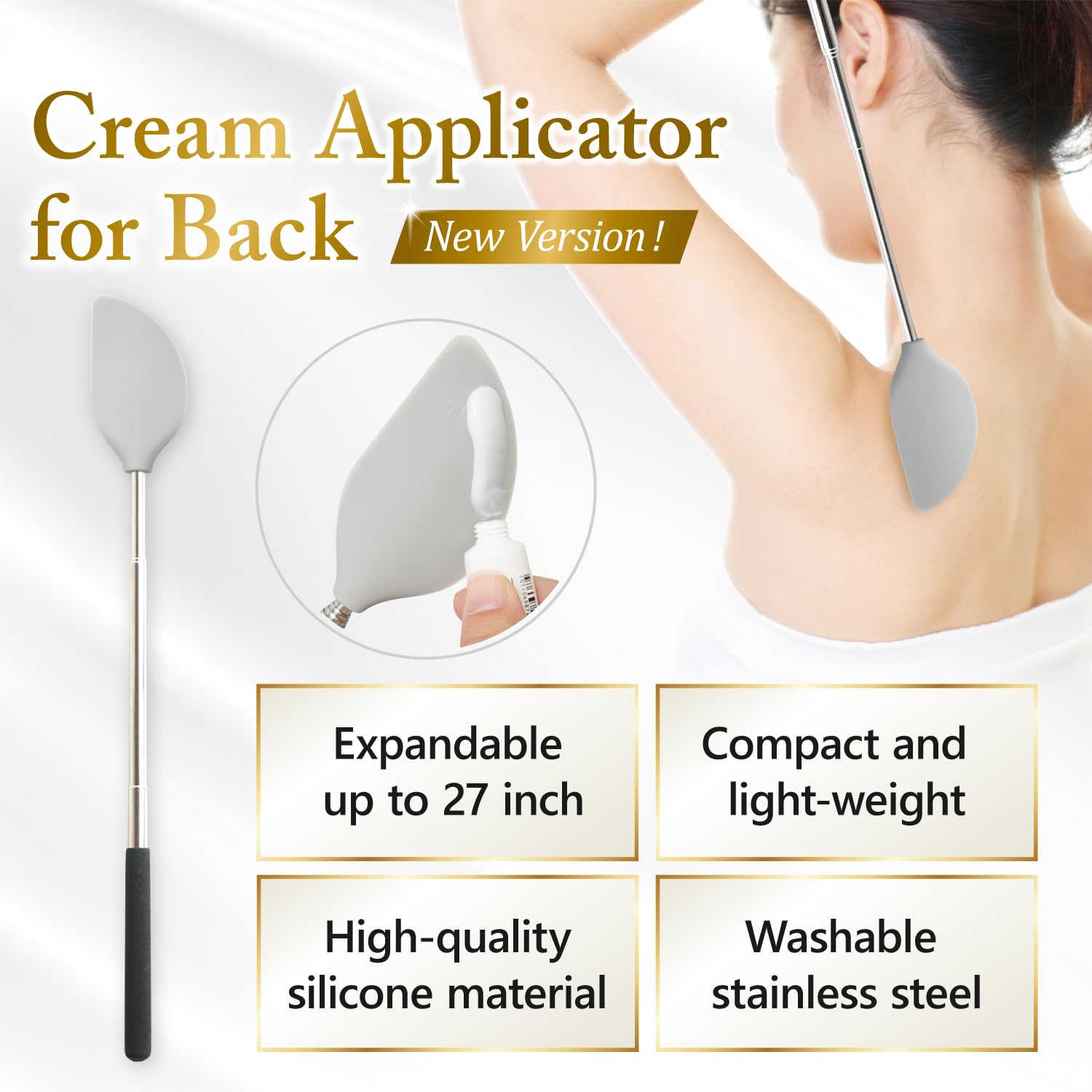 FieldSora Cream Applicator for Back - Telescopic, Easy to Clean, Gray, Silicone
