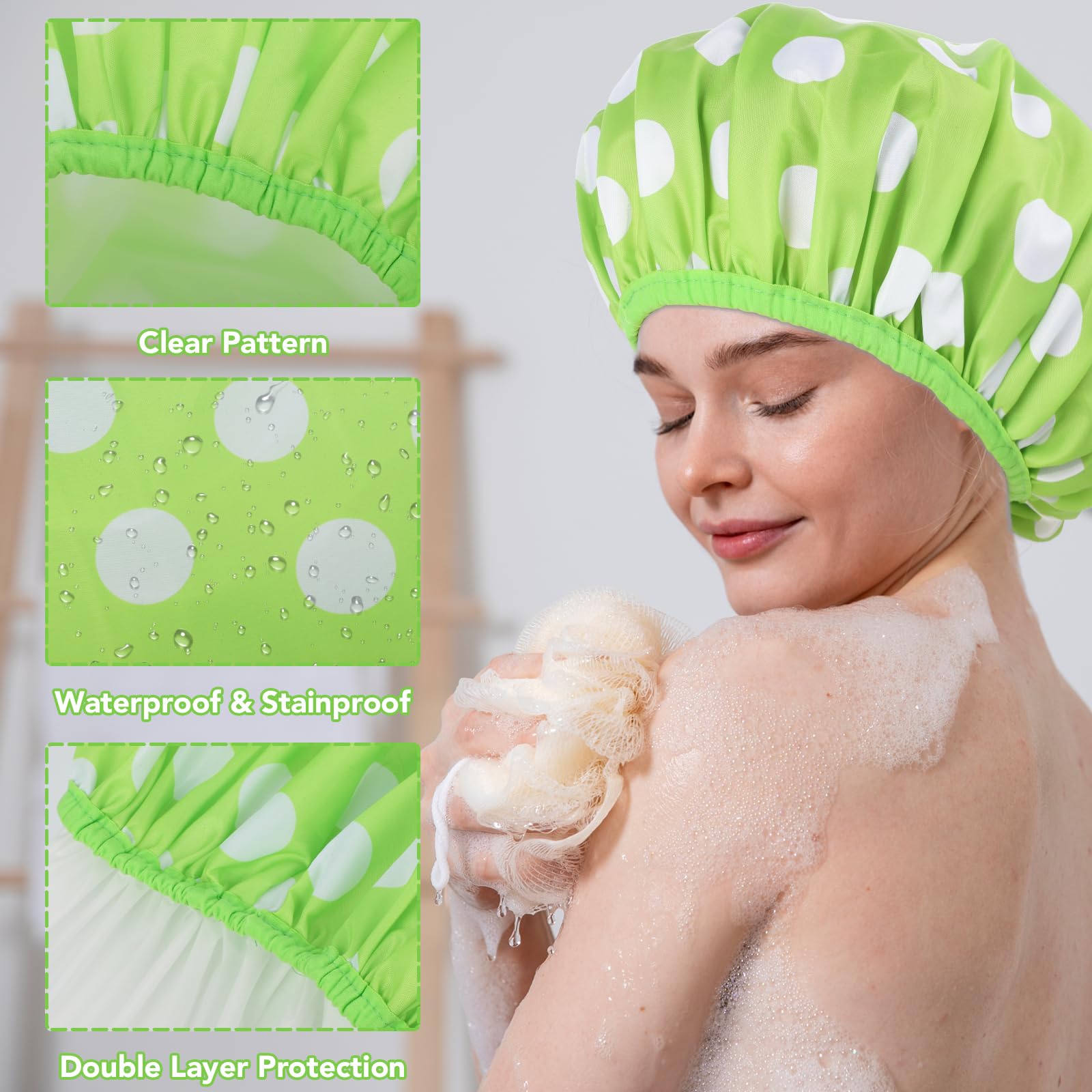 2 Packs Large Shower Caps For Women, Reusable Waterproof Shower Cap Bath Caps With Hair Scrunchies For Long Thick Hair (Cyan/Yel