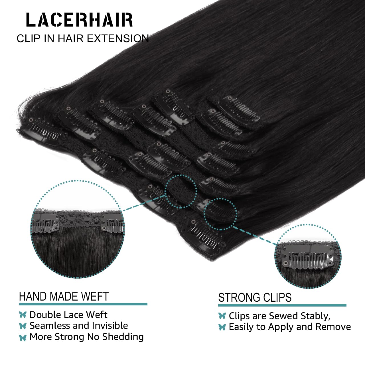 Lacer Clip In Hair Extensions Human Hair Double Weft Brazilian Hair Natural Black #1B Full Head 120G 7Pcs Human Hair Clip In Ext