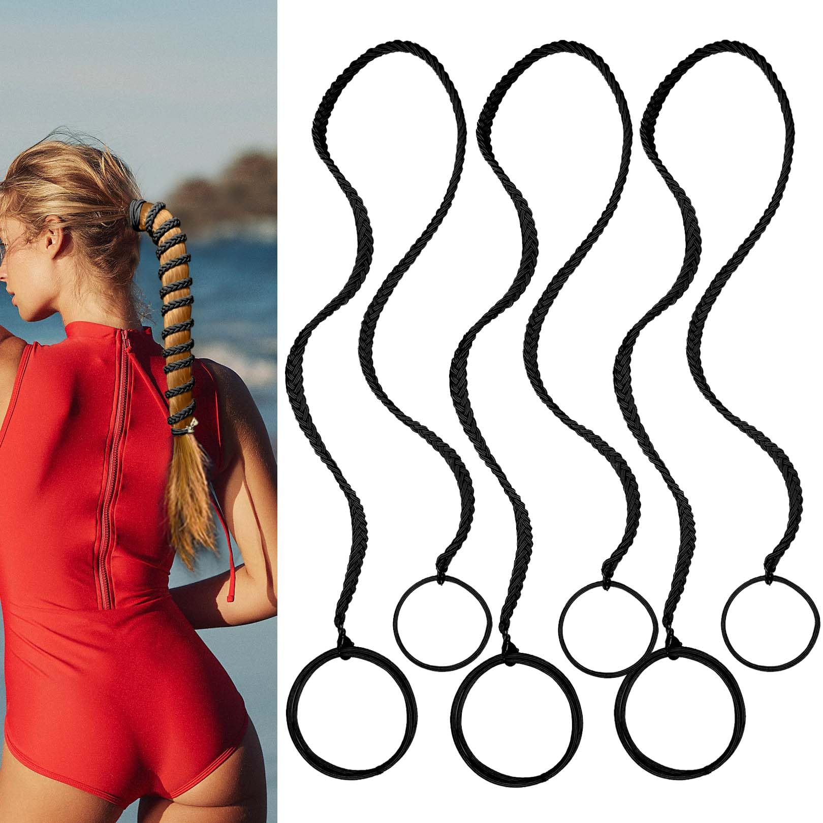 3 Packs 25'' Black Elastic No Damage Hair Ties For Long Thick Hair - Ponytail Holders For Women'S Braided Hair, Water Sport And