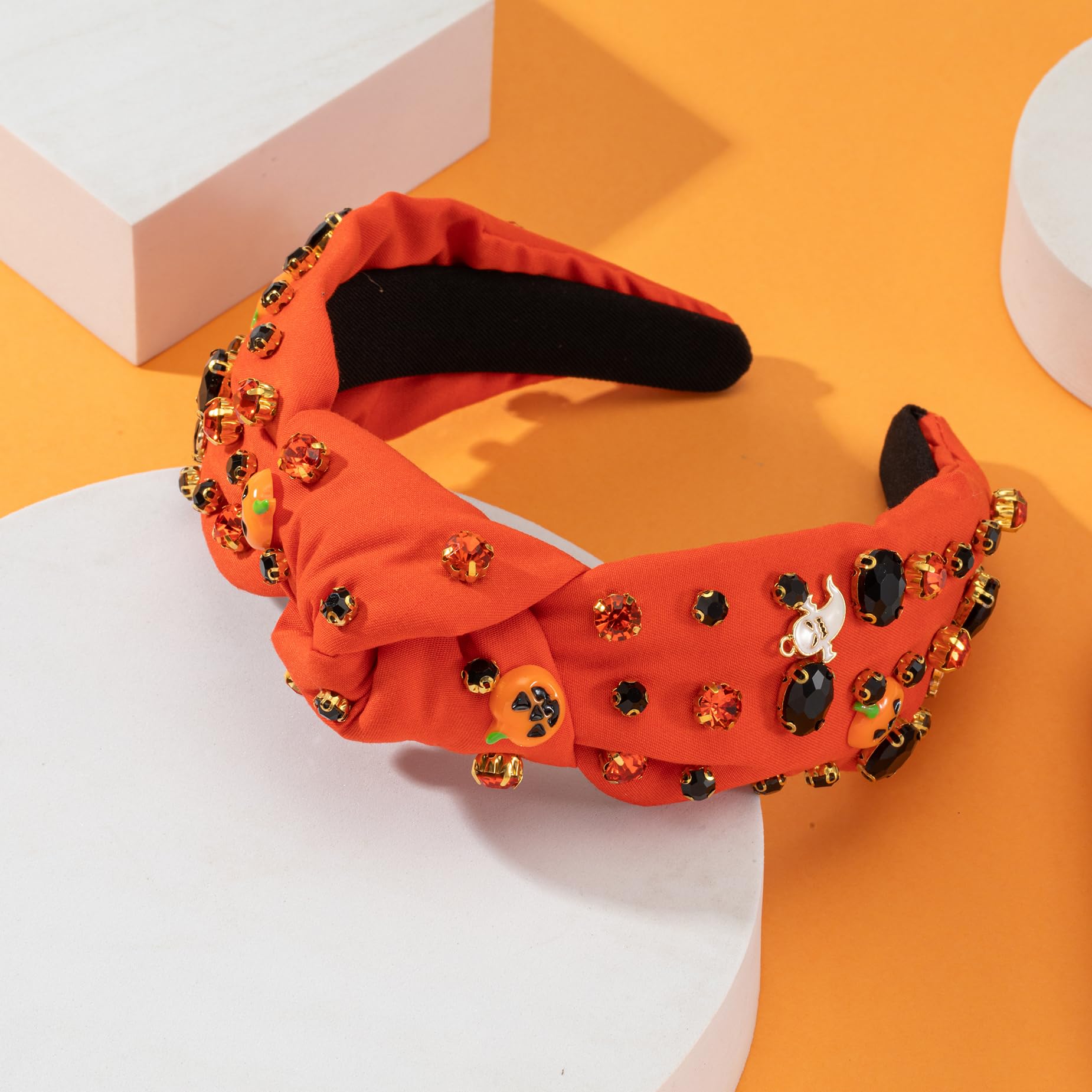 Mixcbe Halloween Rhinestone Knotted Jeweled Headband For Women, Halloween-Pumpkin Orange