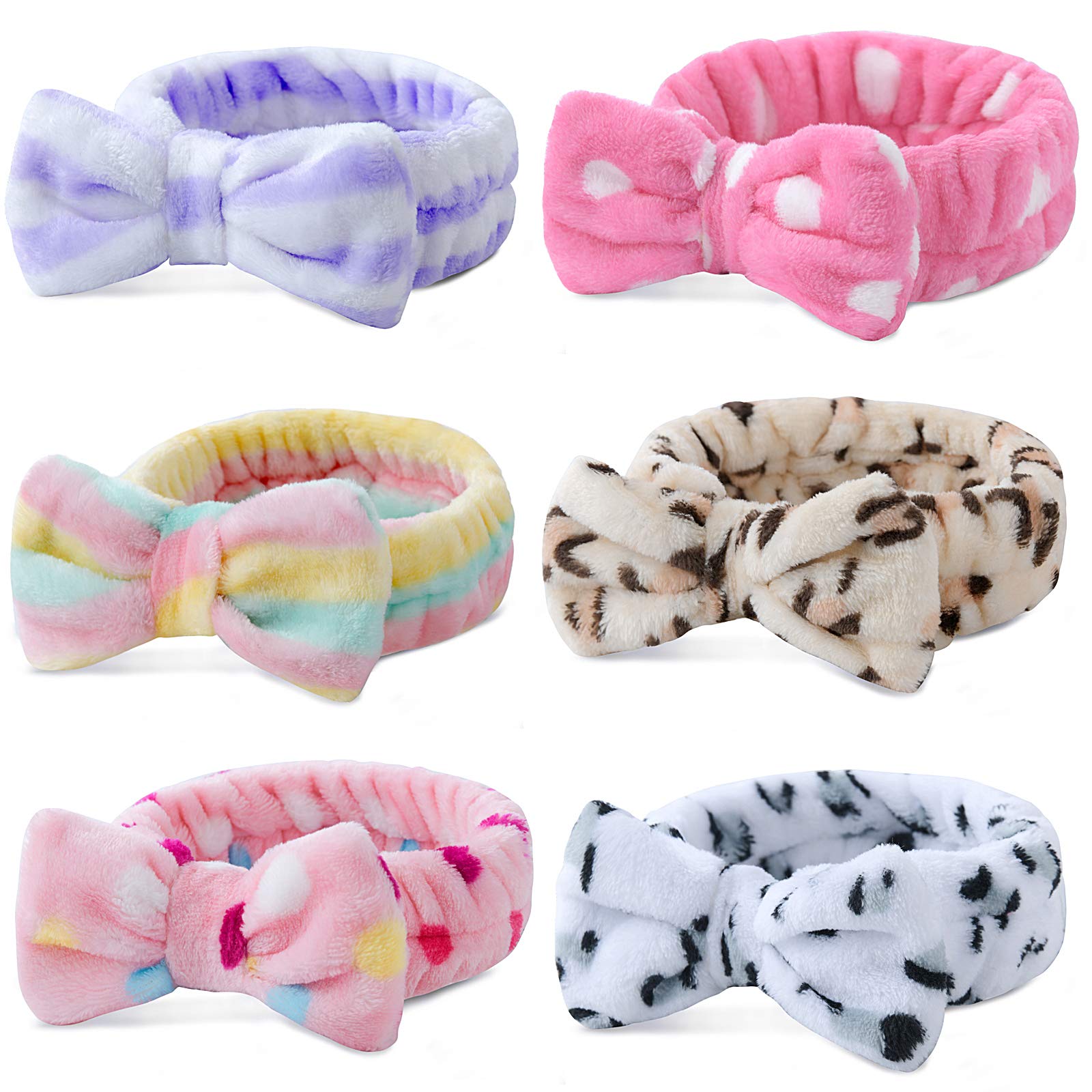 Teqifu 6 Pack Spa Headband,Bow Hair Band Women Facial Makeup Head Band Soft Coral Fleece Bowknot Head Wraps For Washing Face Sho