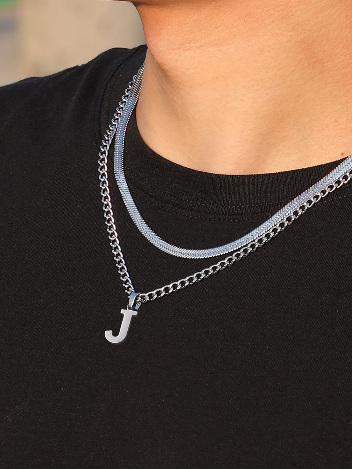 P.BLAKE Layered Initial J Pendant Necklace for Men Boys, Stainless Steel Letter Cuban Link Herringbone Jewelry Collar Cadenas Pa