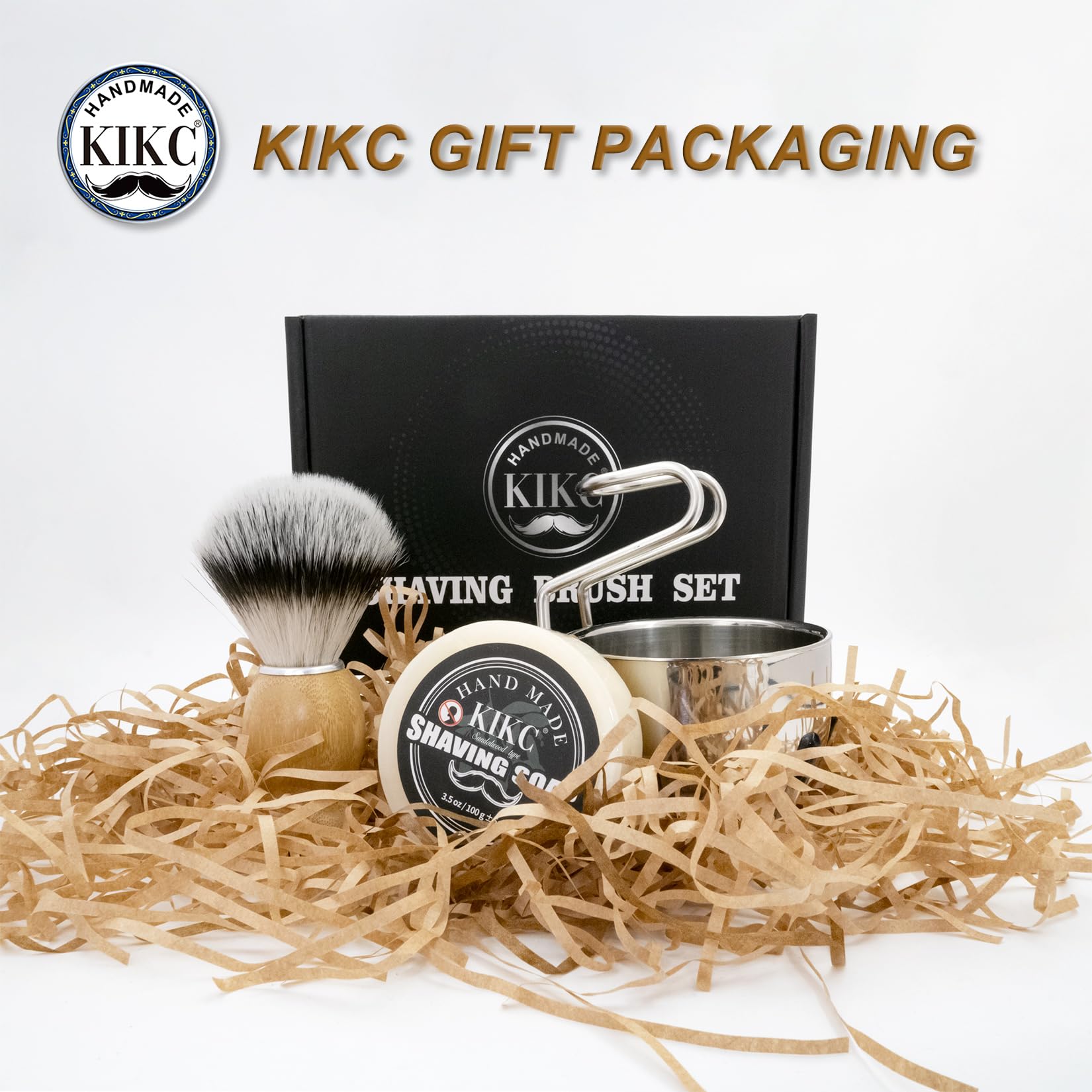 Kikc 4 In 1 Shaving Set For Wet Shave, Kit Includes Hand Crafted Shaving Brush With Synthetic Hair Bristle, Stainless Steel Soap