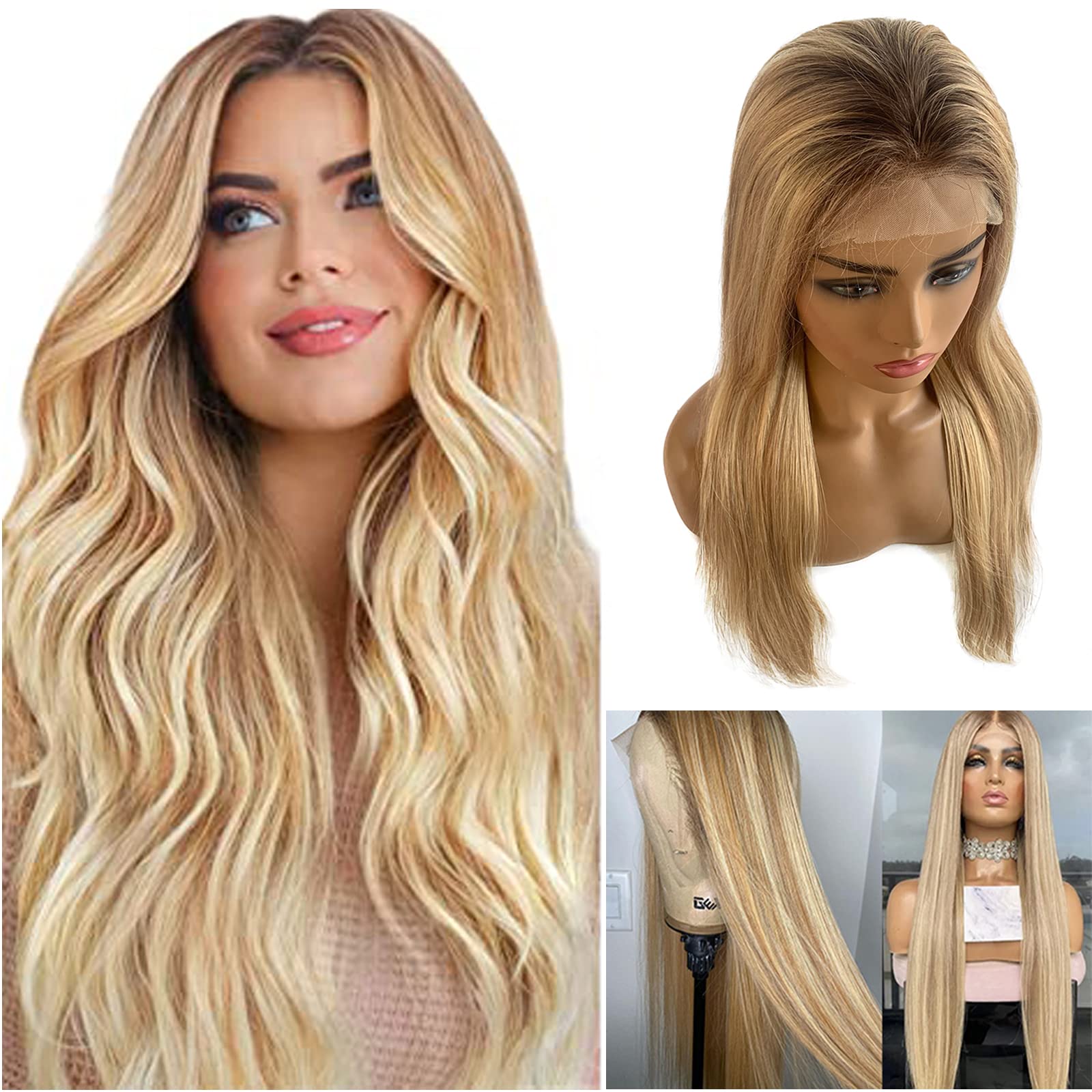 Highlight Lace Closure Wigs Human Hair Glueless Honey Blonde 13x4 Ombre Lace Front Wig 150% Density Soft Straight Brazilian Vigi
