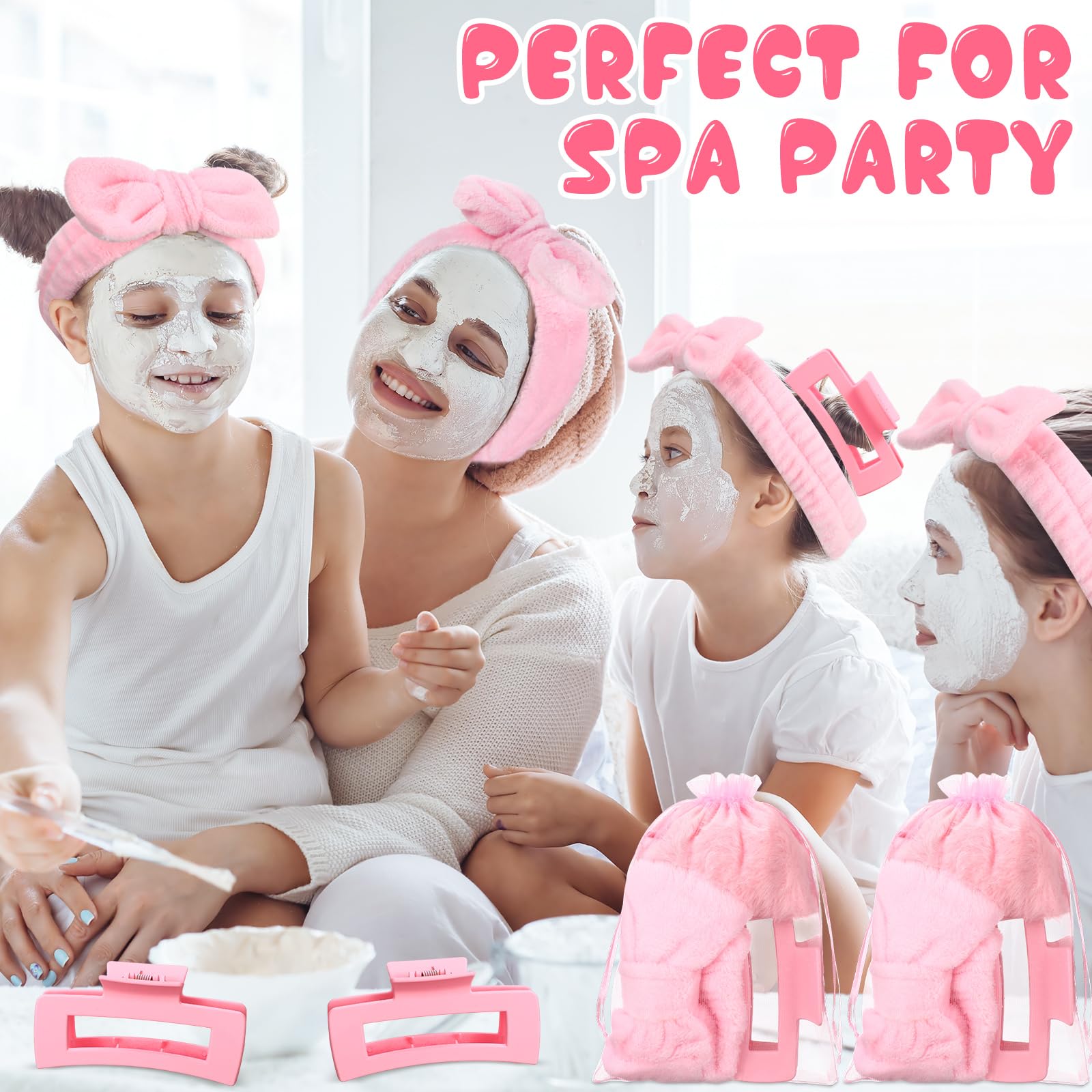 Wavyknot 48 Pcs Spa Party Supplies Sleep over Essentials 12 Pink Spa Headband 12 Pink Plush Sleep Eye Mask 12 Claw Clips 12 Orga