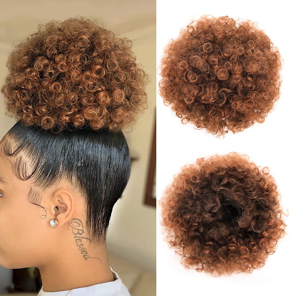 Ombre Brown Kinky Curly Ponytail Hair Afro Puffs Drawstring Ponytails Synthetic Short Bun Extensions Hairpieces Updo Hair for Wo