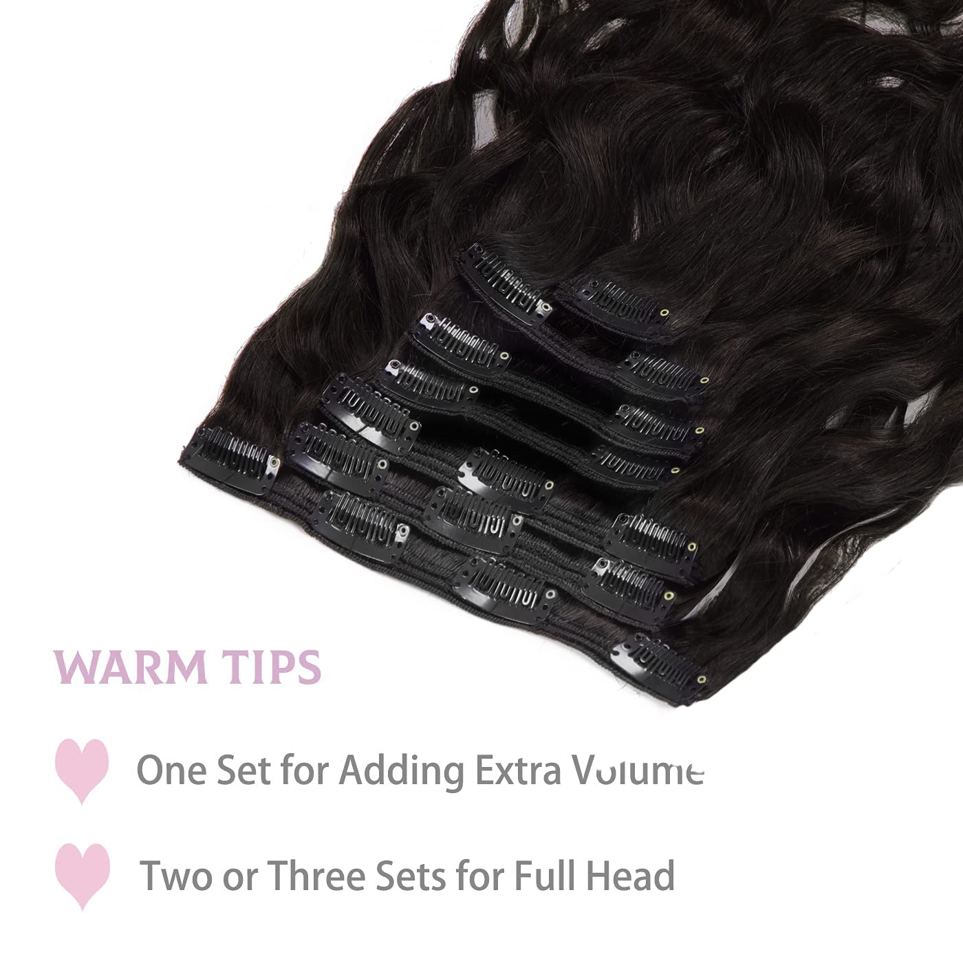Loxxy Clip In Human Hair Extensions Virgin Remy Natural Wave Human Hair Extensions #1B Natural Black Color 22Inch Double Weft Wi
