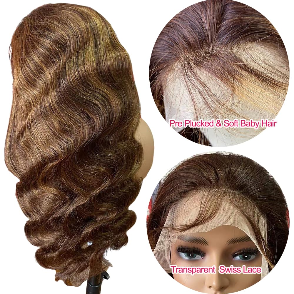 Xterfsty 30 Inch 13X6 Hd Full Frontal 4/27 Highlight Ombre Lace Front Wigs Human Hair Brown Colored 180 Density Honey Blonde Glu