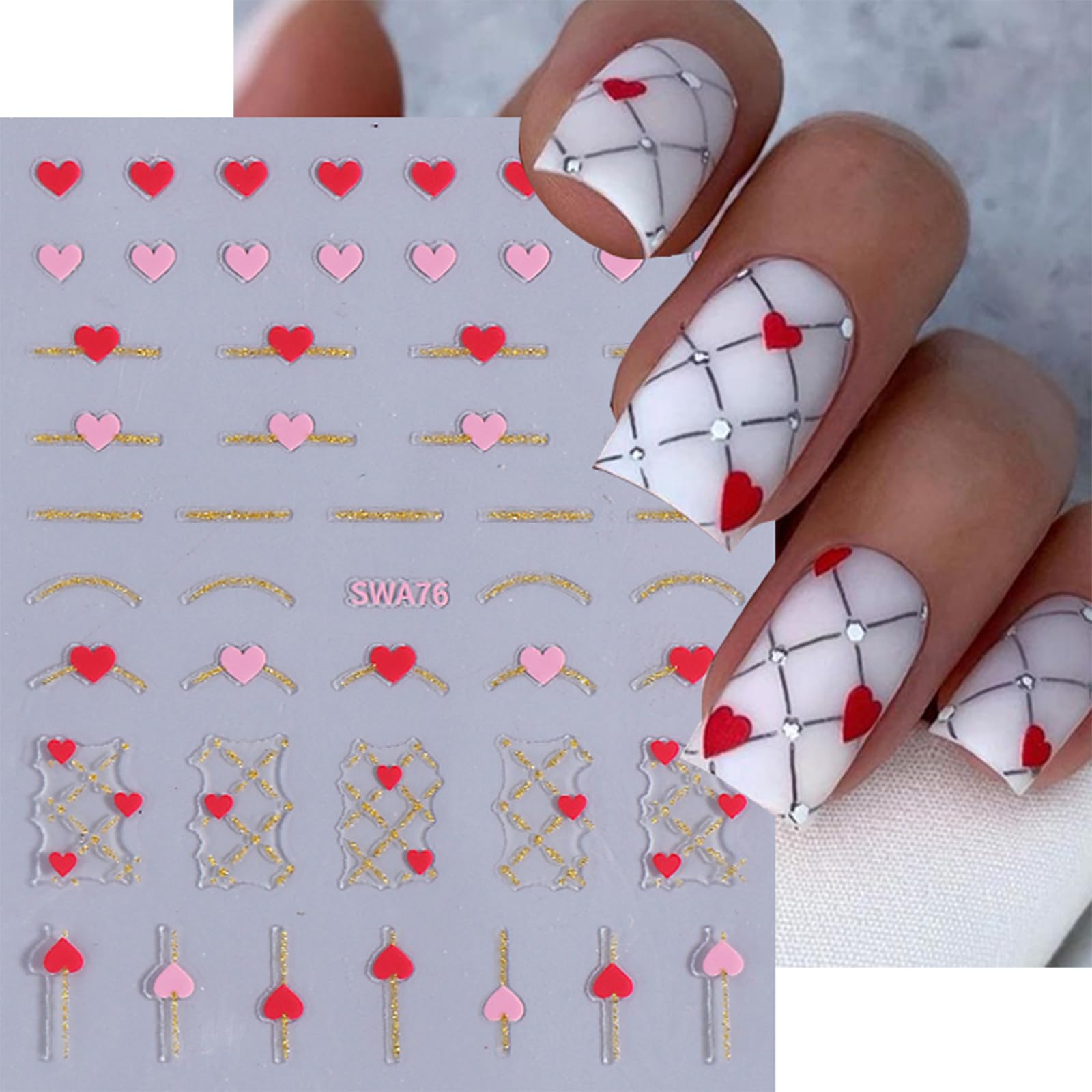 Lbpepamz 8Sheet Valentine'S Day Nail Stickers Pink Red Heart Nail Art Stickers Gold Line White Black Love Heart Nail Supplies Fo