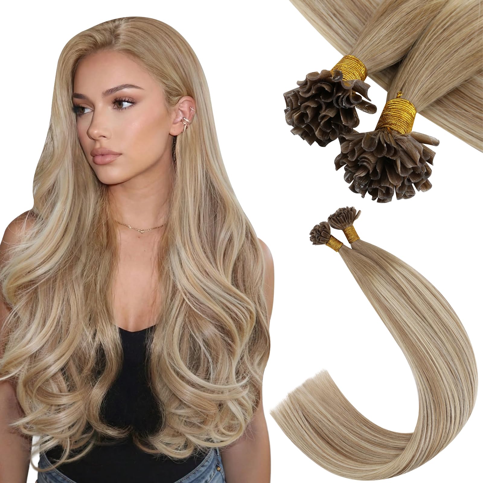 Ugeat 22 Inch U Tip Hair Extensions Human Hair Ombre K Tip Hair Extensions Human Hair Ombre Light Brown Mix Platinum Blonde Kera