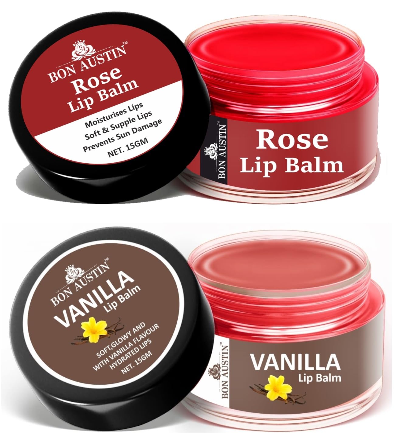Bon Austin Rose And Vanilla Extract Lip Balms | For Dry, Cracked And Chapped Lips | Lip Protection & Nourishment | Combo Of 2 It