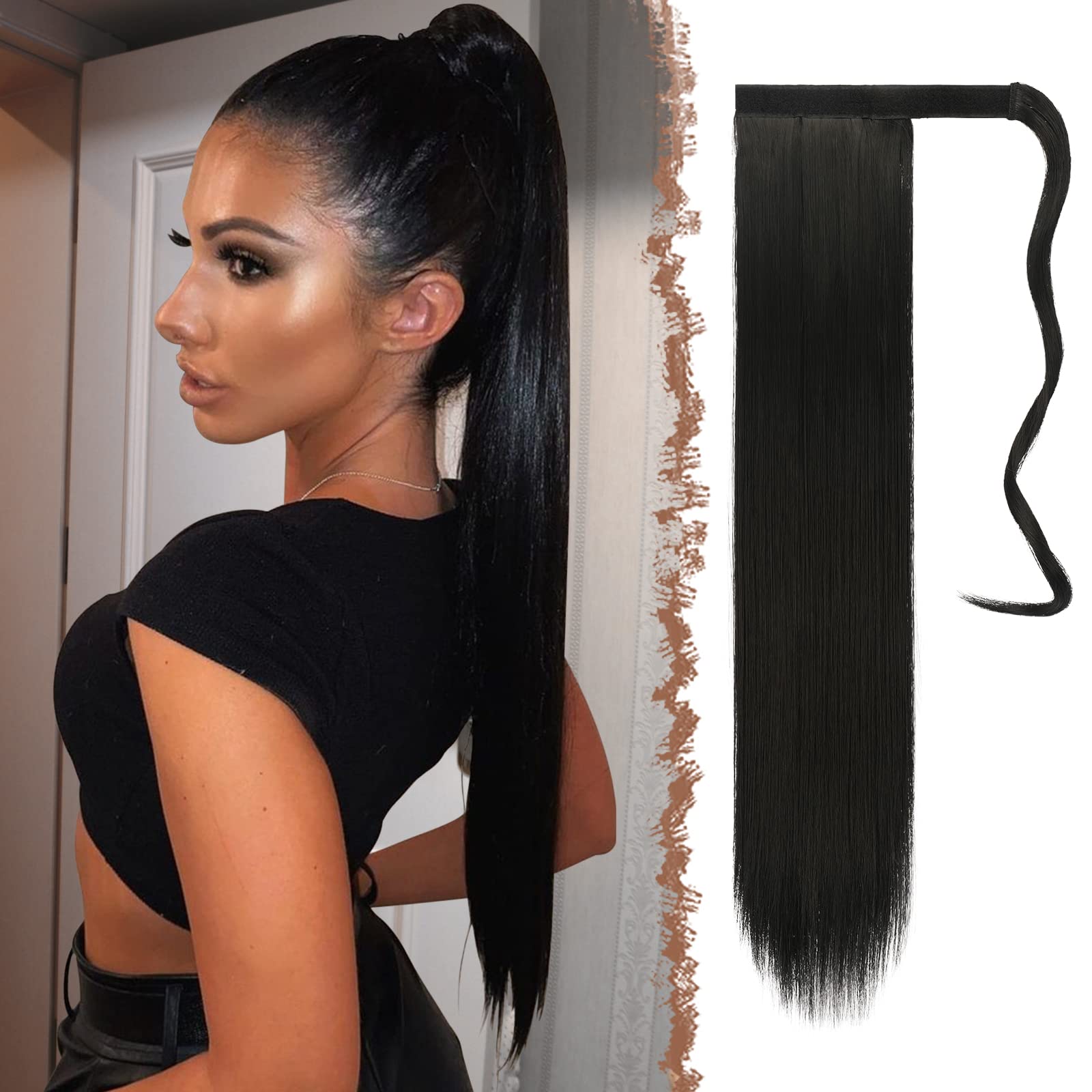 Feshfen Straight Long Ponytail Extensions 28 Inch Wrap Around Synthetic Off Black Ponytails Hair Piece Pony Tail Hair Extensions