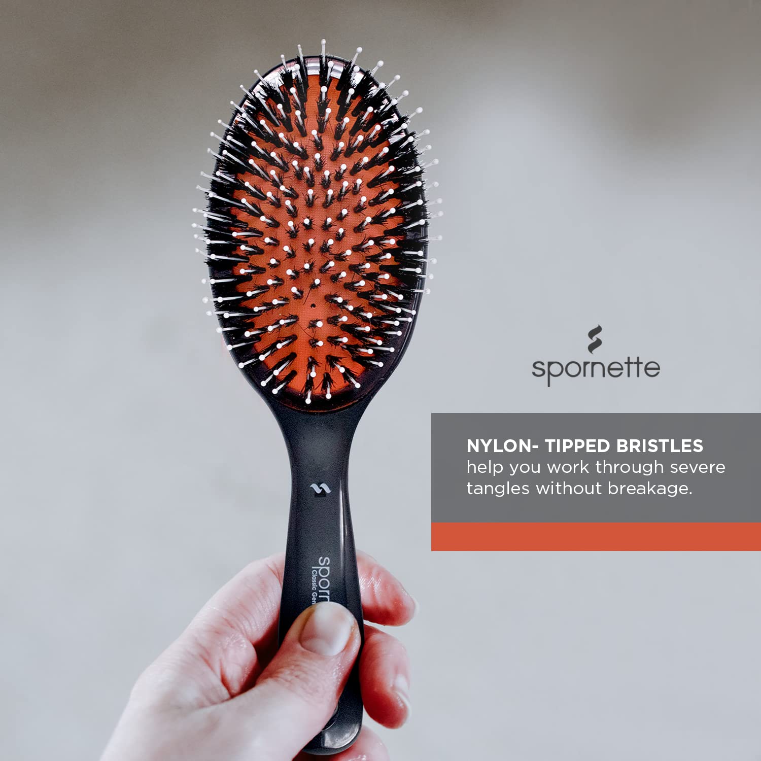 Spornette Classic Cushion Hair Brush, Boar & Ball-Tipped Nylon Bristles - Lightweight Oval Handle Brush for Straightening, Styli