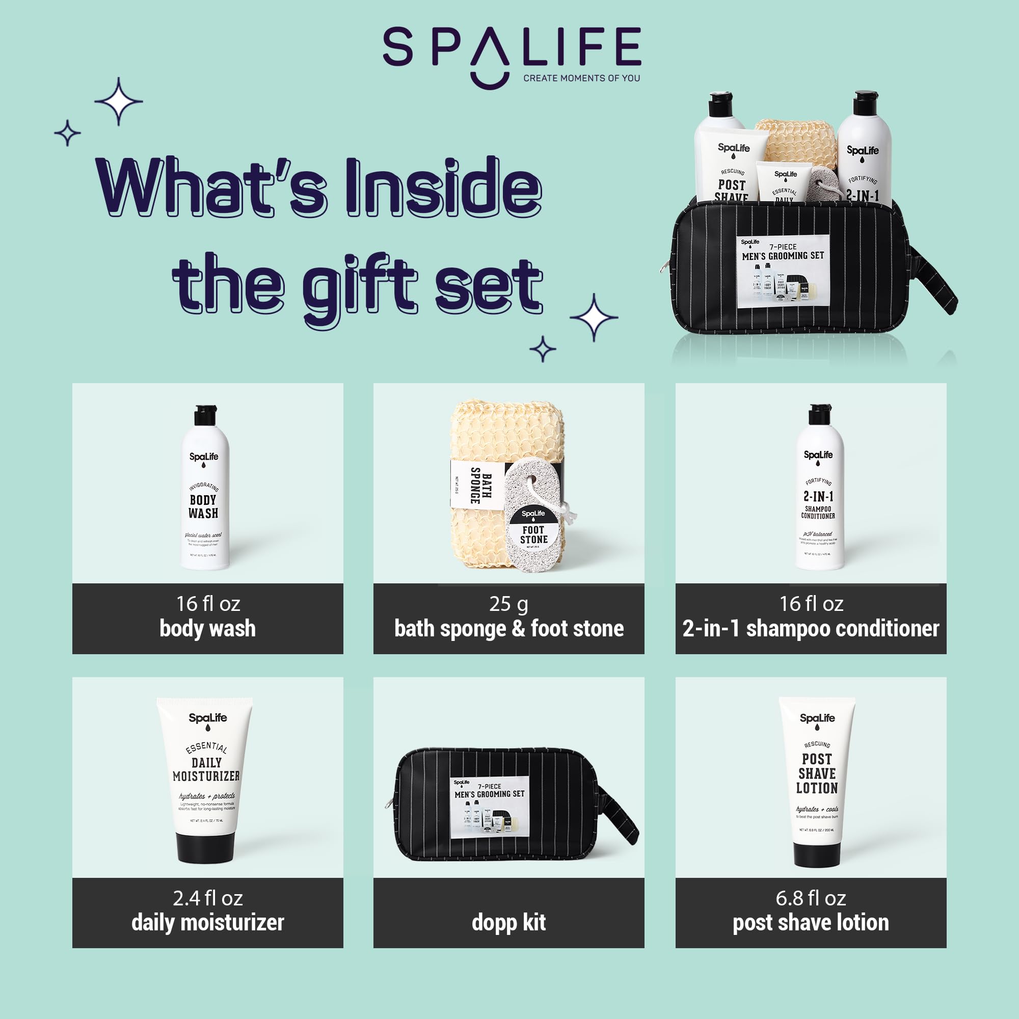 Spalife 7-Piece Bath And Body Men Grooming Gift Set - 2-In-1 Shampoo & Conditioner, Body Wash, Daily Moisturizer, Post-Shave Lot