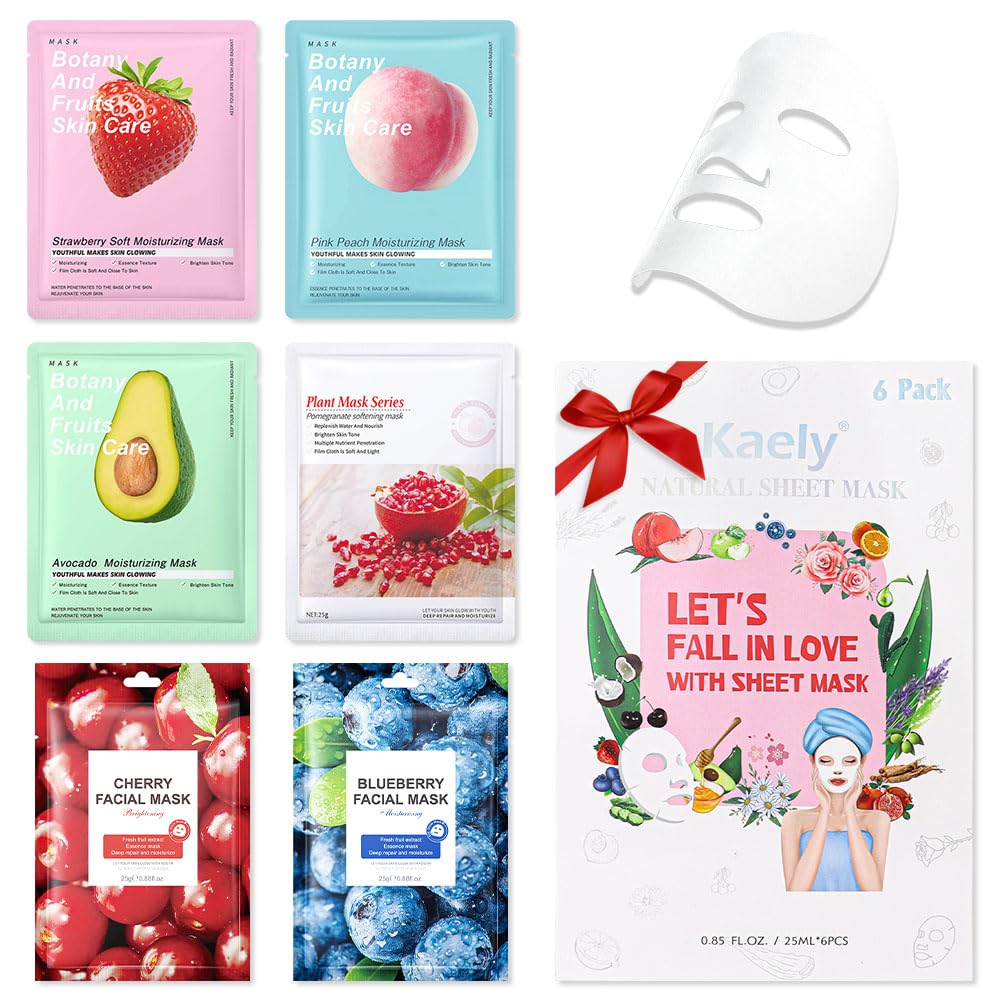 6 Pcs Real Nature Hydrating Strawberry Cherry Peach Face Mask Skincare, Hyaluronic Acid, Vitamin C And E, Chamomile, Korean Beau