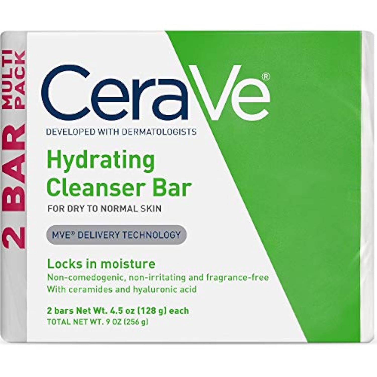 CeraVe Hydrating Cleanser Bar | Soap-Free Body and Facial Cleanser with 5% Cerave Moisturizing Cream | Fragrance-Free |2-Pack, 4