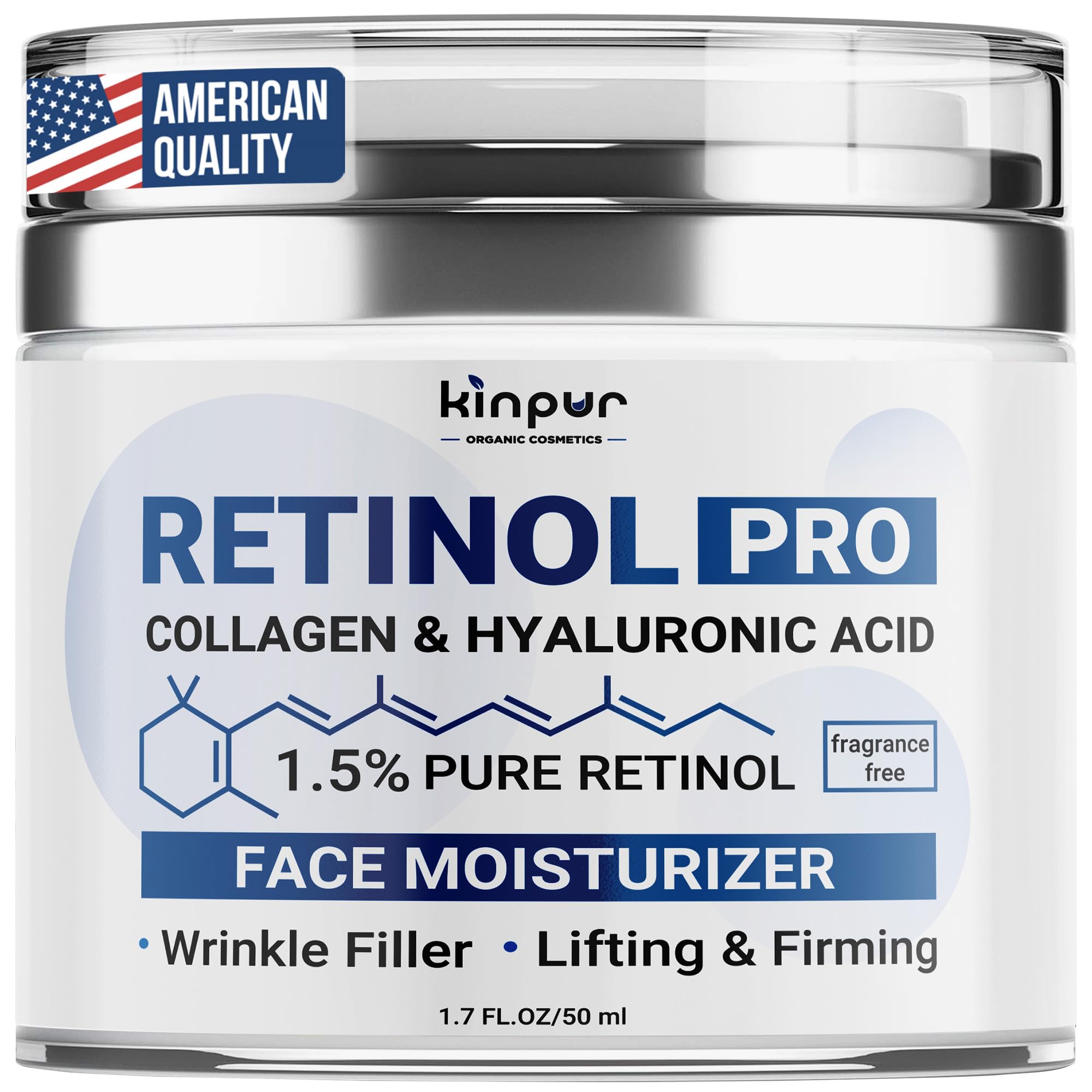 KINPUR ORGANIC COSMETICS Retinol Pro Collagen Face Cream with Hyaluronic Acid - Hydrating and Firming Cream for All Skin Types -