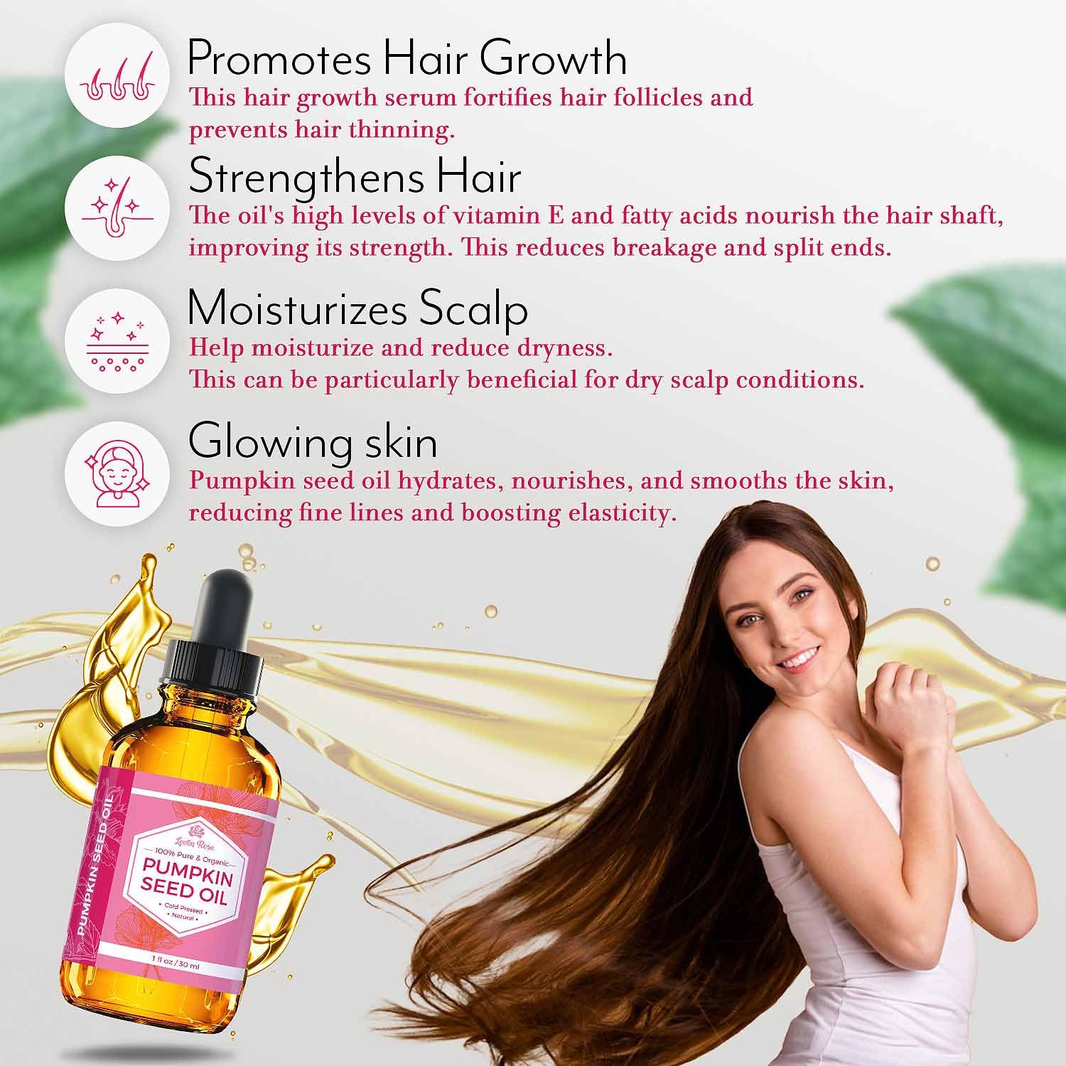 Leven Rose Pumpkin Seed Oil For Hair Growth 2 Oz, 100% Pure Pumpkin Seeds Oil For Skin And Nails - Natural Pumpkin Seed Extract