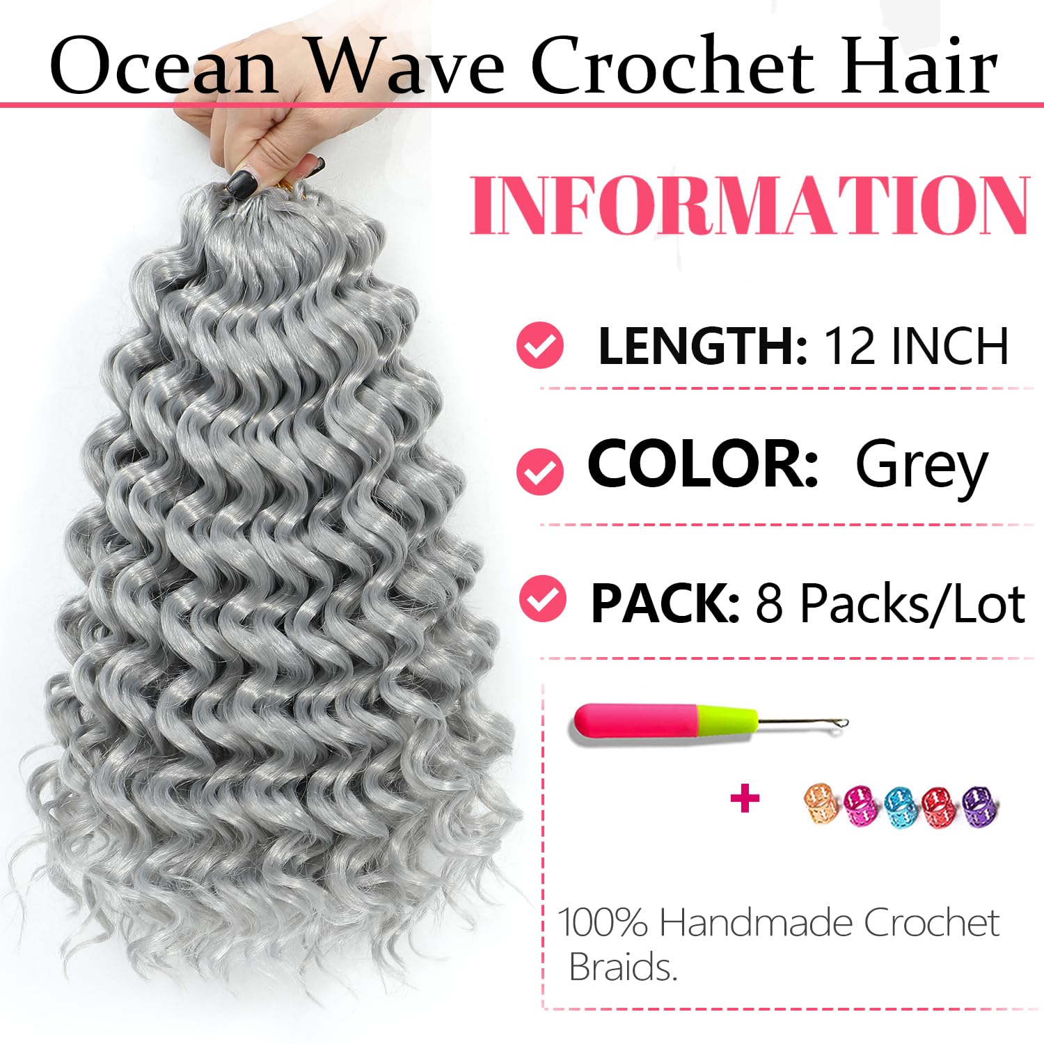 Ocean Wave Crochet Hair 12 Inch 8 Packs Deep Wave Crochet Hair Synthetic Curly Crochet Braiding Hair (12 Inch, 8 Packs, Grey)