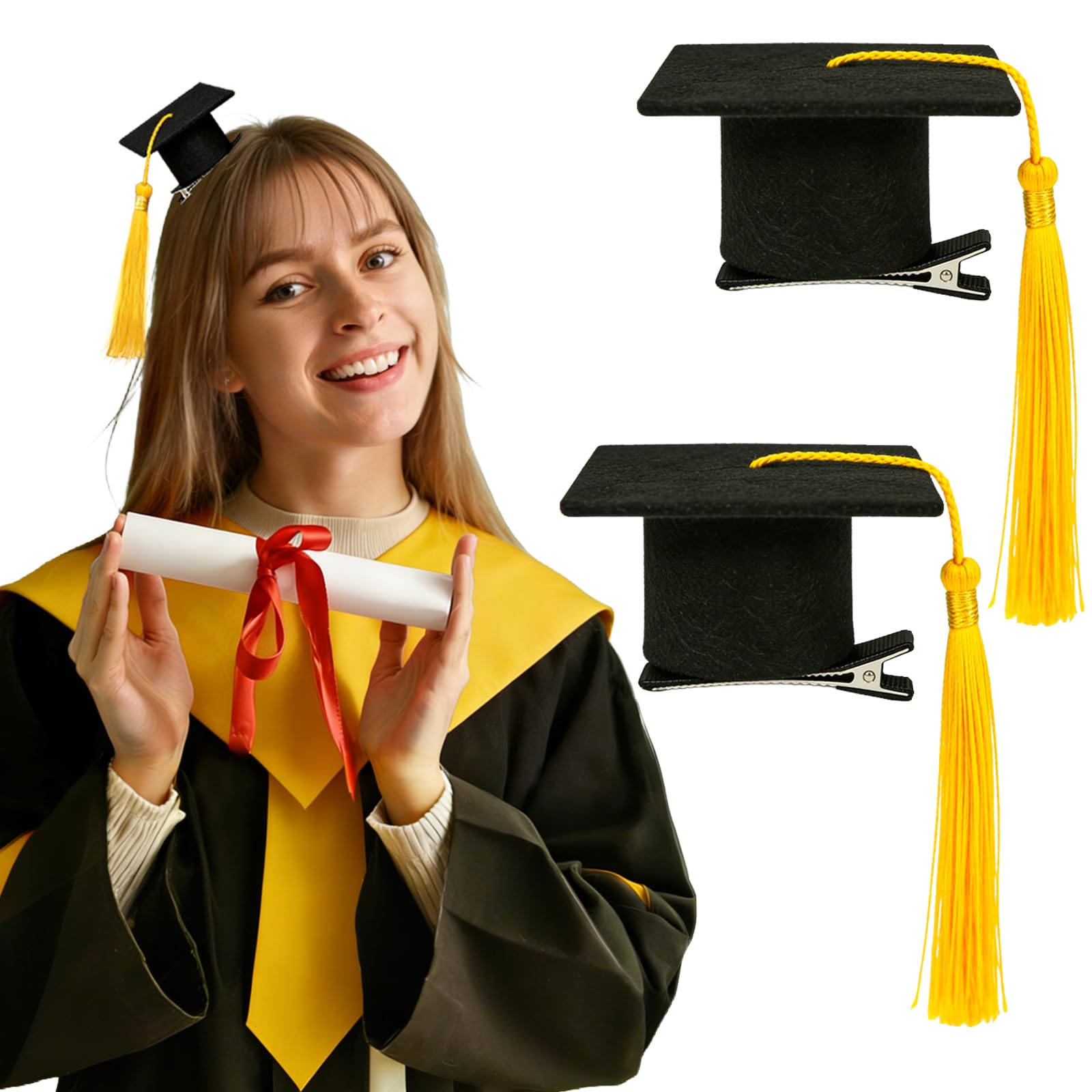 JANYUN Elegant 2-Pack Black Mini Graduation Cap Hair Clips with Yellow Tassel, Adorable Festive Ornaments Graduation Hair Access