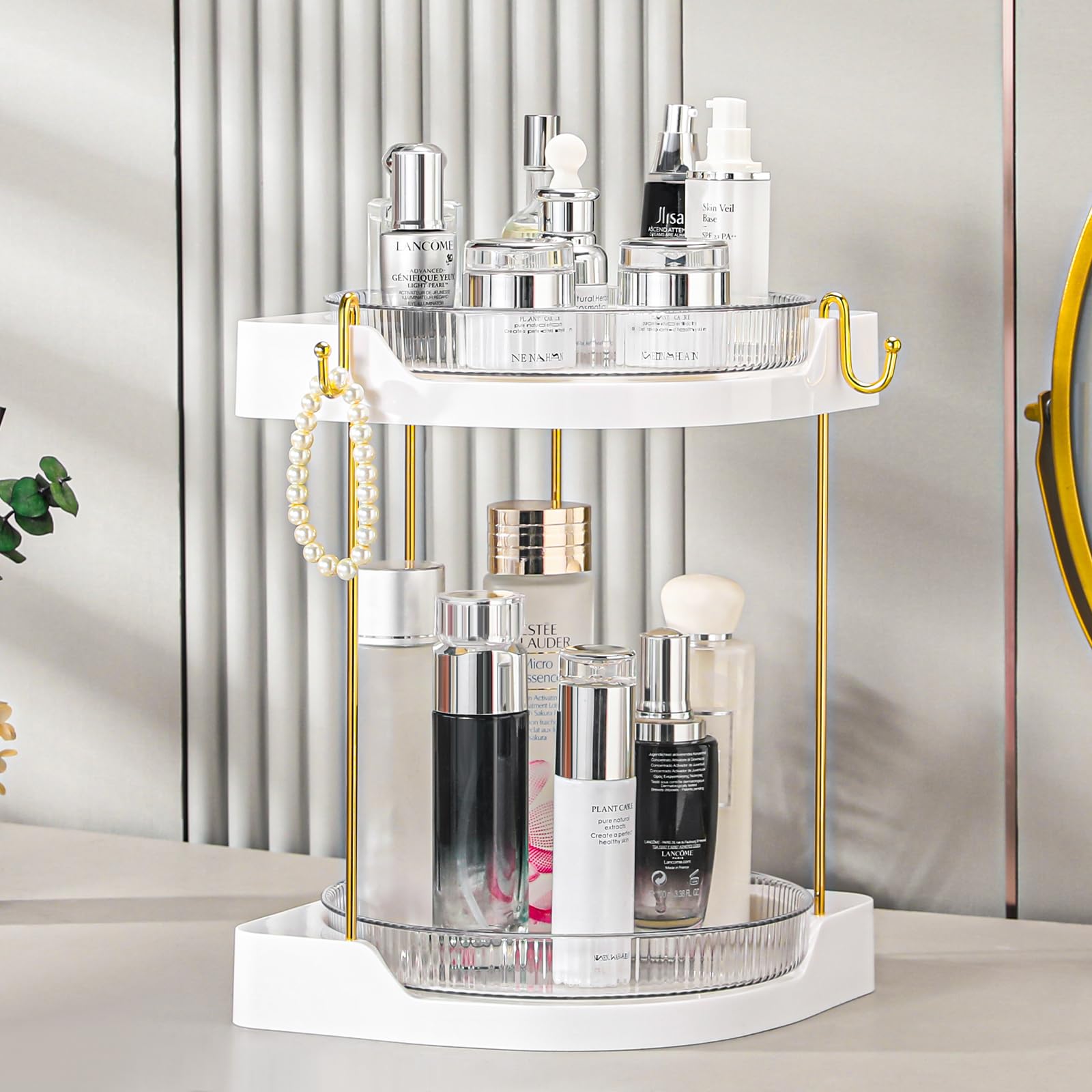 Ycia&Done Corner Makeup Organizer, Luxury Rotating Counter Storage Tray, Skincare Organizers Countertop, High Capacity 2 Tiers L