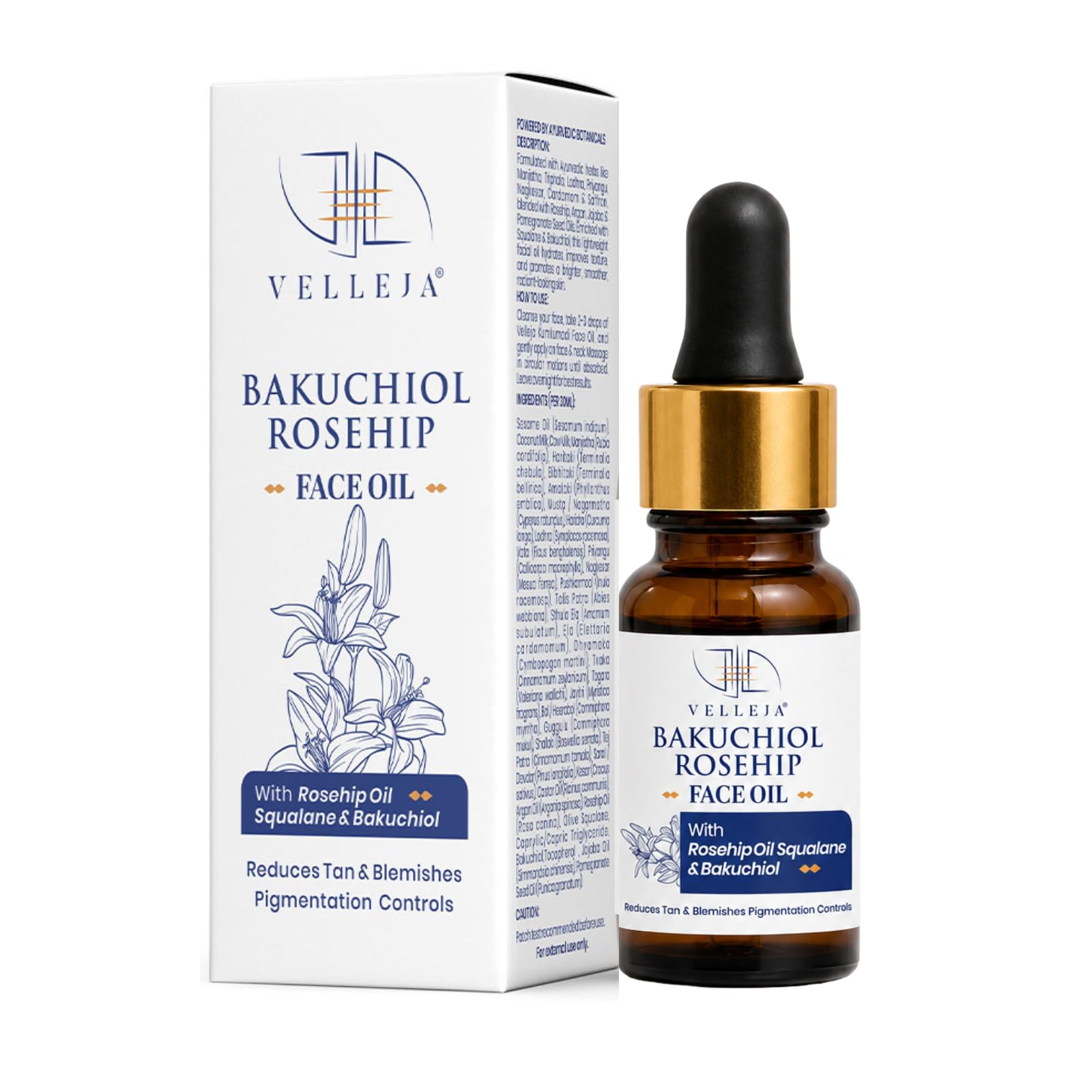 Velleja Bakuchiol Rosehip Face Oil With Squalane | Ayurvedic Face Serum For Pigmentation, Tan Removal & Blemishes | Skin Repair,