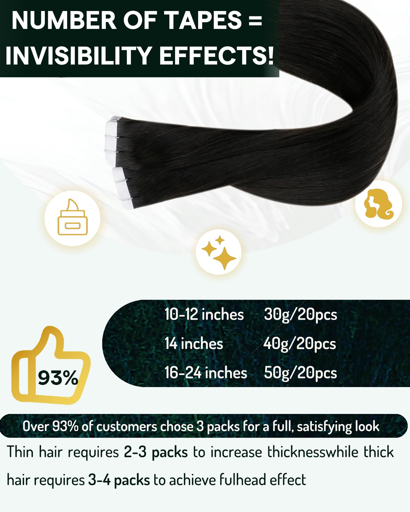 RUNATURE 20 Inch Tape in Hair Extensions Human Hair for Black Girl Invisible Tape ins Human Hair Extensions Brazilian Straight T