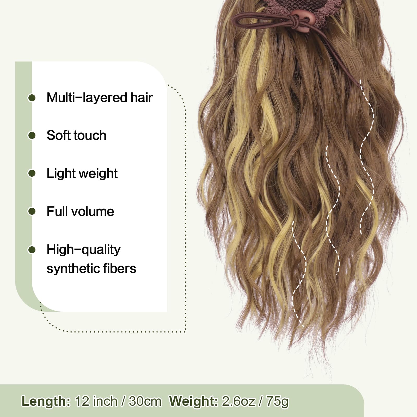 Feshfen Ponytail Extensions, Drawstring Ponytails Hair Extension Light Brown & Blonde Short Curly Wavy Hair Piece Synthetic Pony