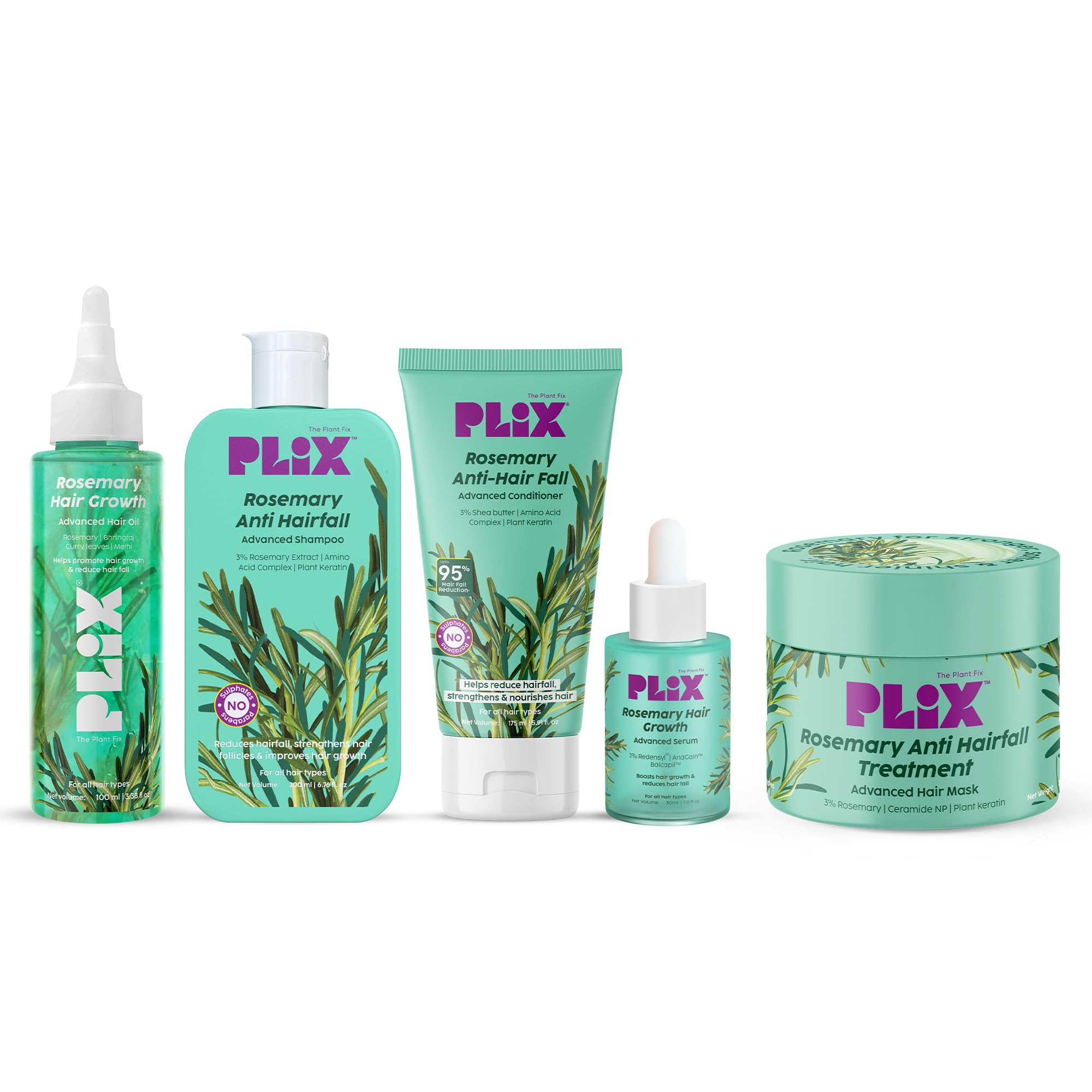 Plix - The Plant Fix | Rosemary Advanced Anti Hairfall Kit With Serum, Shampoo, Conditioner, Hair Mask & Hair Oil | For Hair Thi