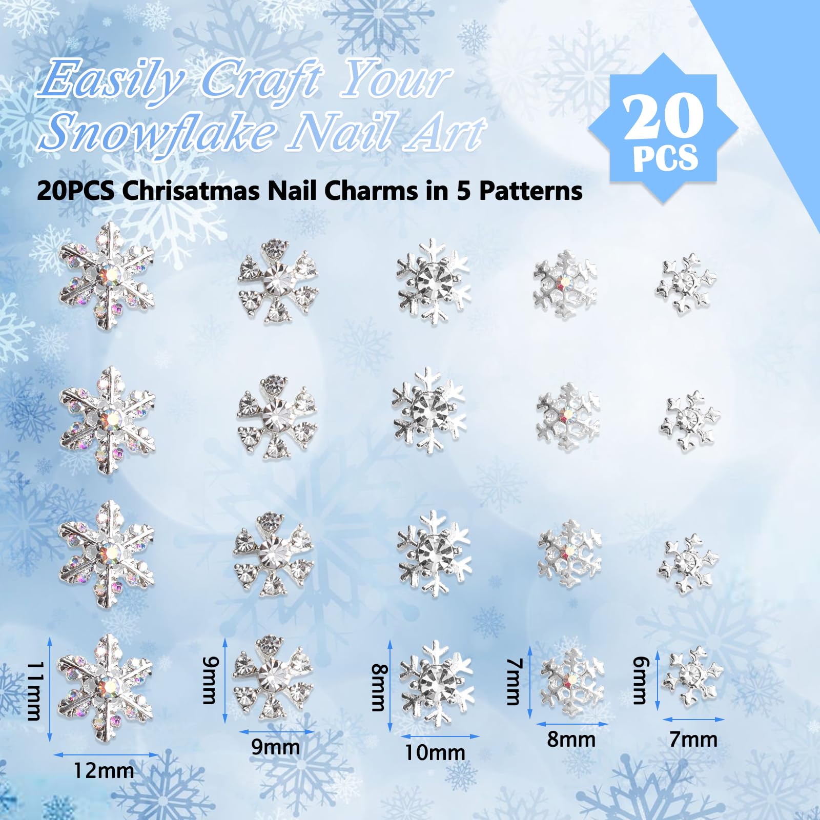 20Pcs Christmas Snowflake Nail Charms, Silver Snowflake Charms For Acrylic Nails,3D Alloy Snowflake Nail Charms For Diy Women Ch