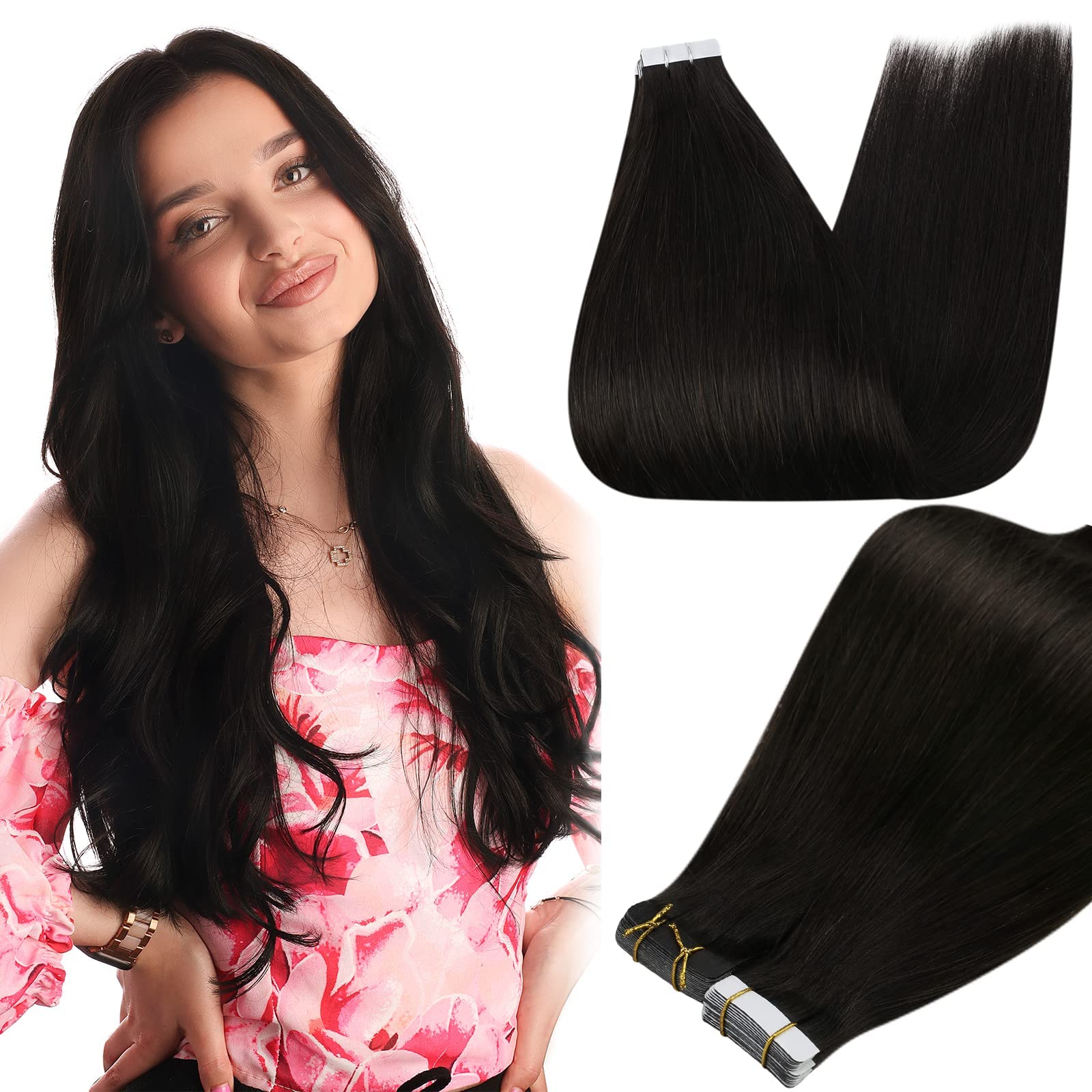 Full Shine Tape In Hair Extensions Human Hair 14Inch Black Human Hair Extensions Invisible Tape Ins Color 1B Natural Tape In Rea