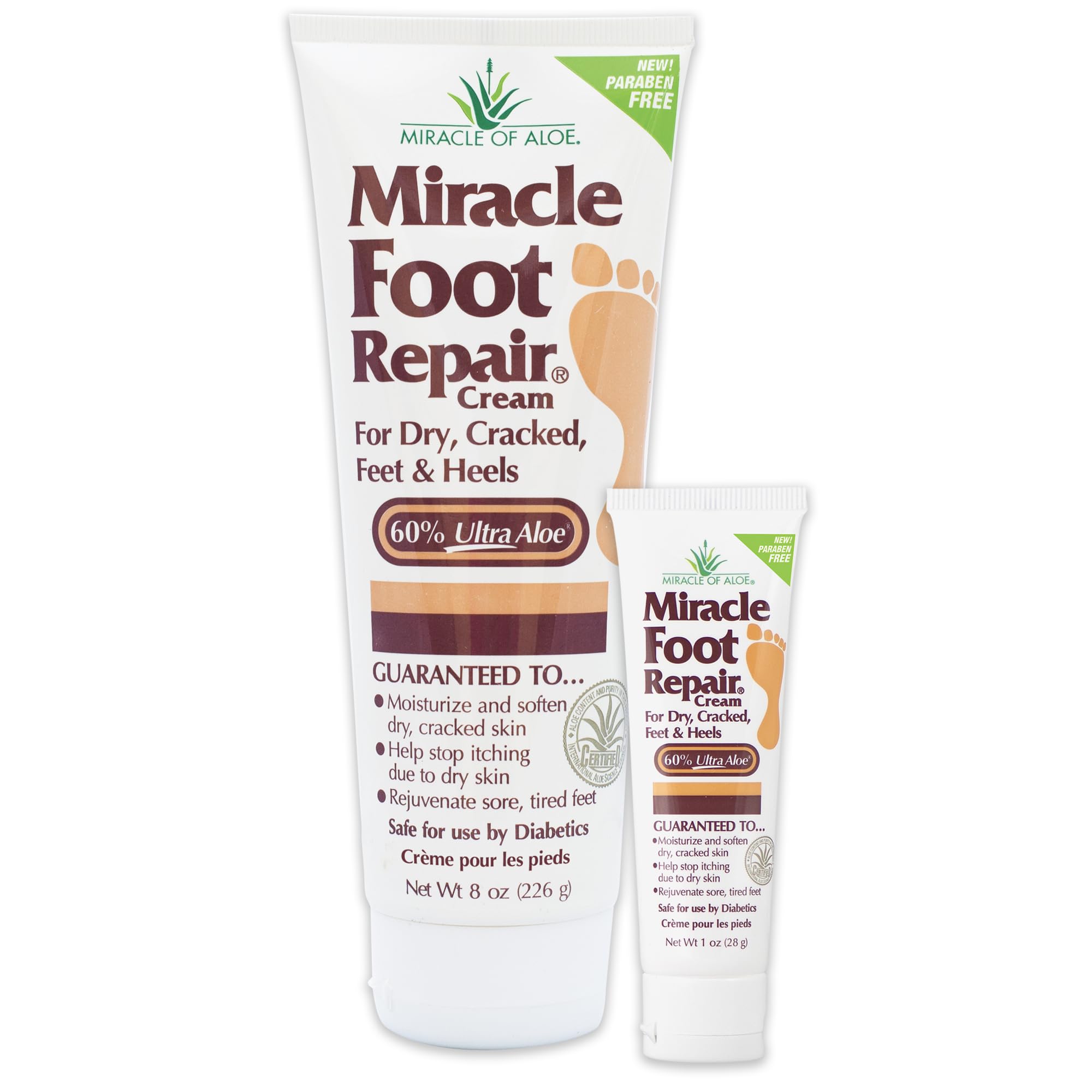 Miracle Foot Repair Cream (8 Oz & 1 Oz) Repairs Dry Cracked Heels And Feet, 60% Pure Ultraaloe Moisturizes, Softens, And Repairs