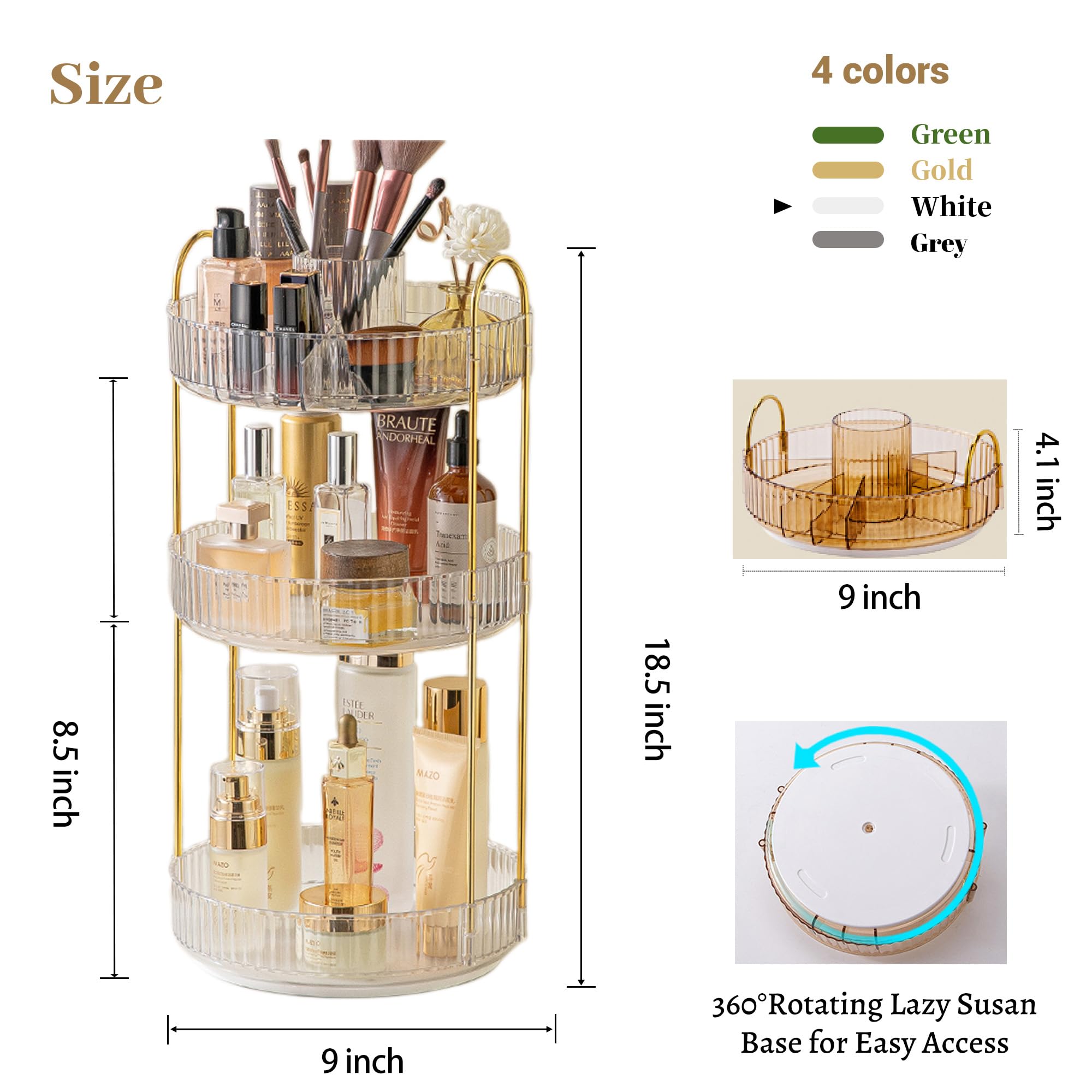 Aveniee 360 Rotating Makeup Organizer, Perfume Skincare Bathroom Countertop Vanity Organizers, Clear 3 Tier Spinning Skincare St