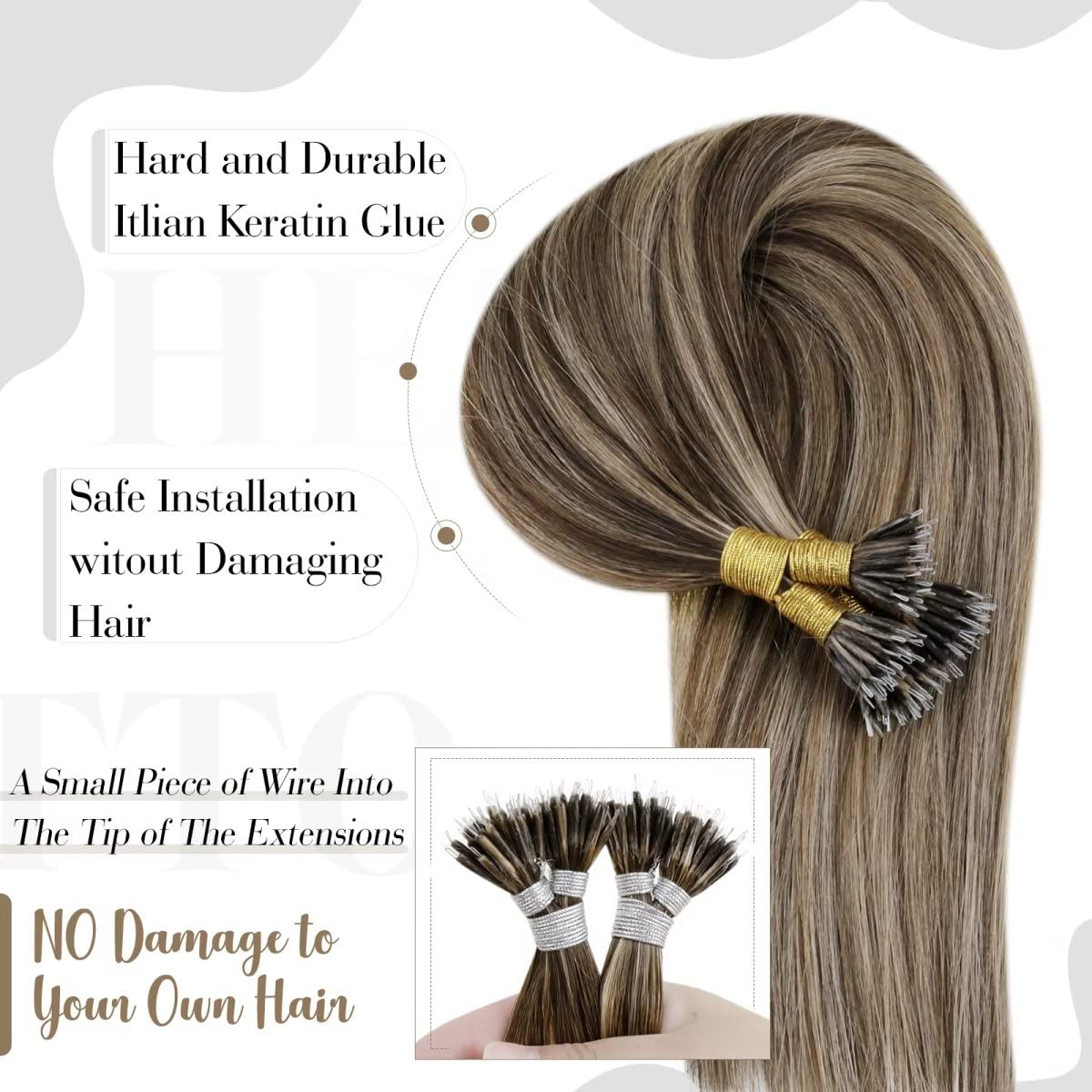 Hetto Nano Tip Extensions Real Human Hair Brown Highlighted Blonde Nano Link Human Hair Extensions Invisible Nano Ring Hair Exte