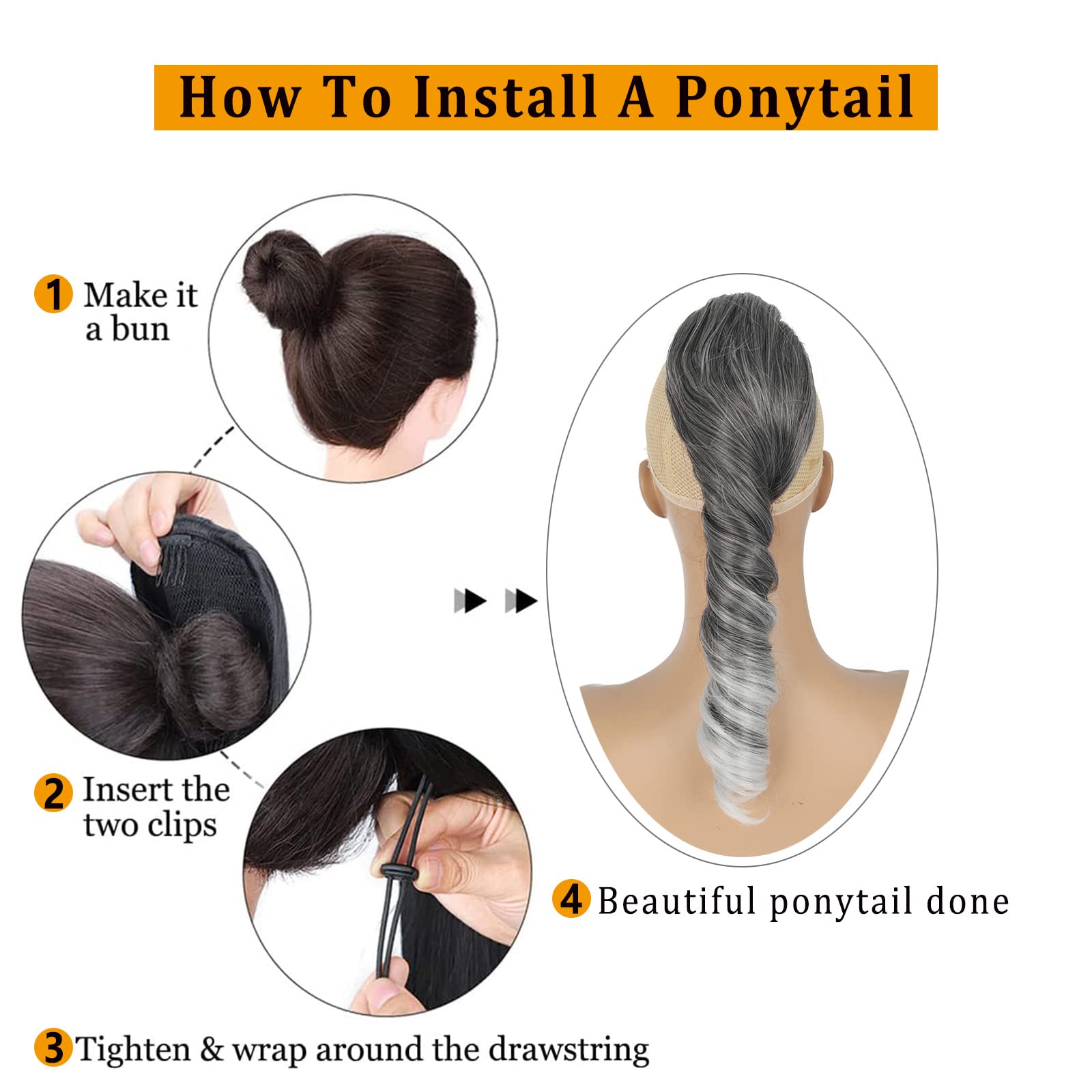 Silver Grey Ponytail Extension For Black Women Synthetic Salt & Pepper Ponytail Spiral Curly Drawstring Pony Tails, Oseti 14Inch