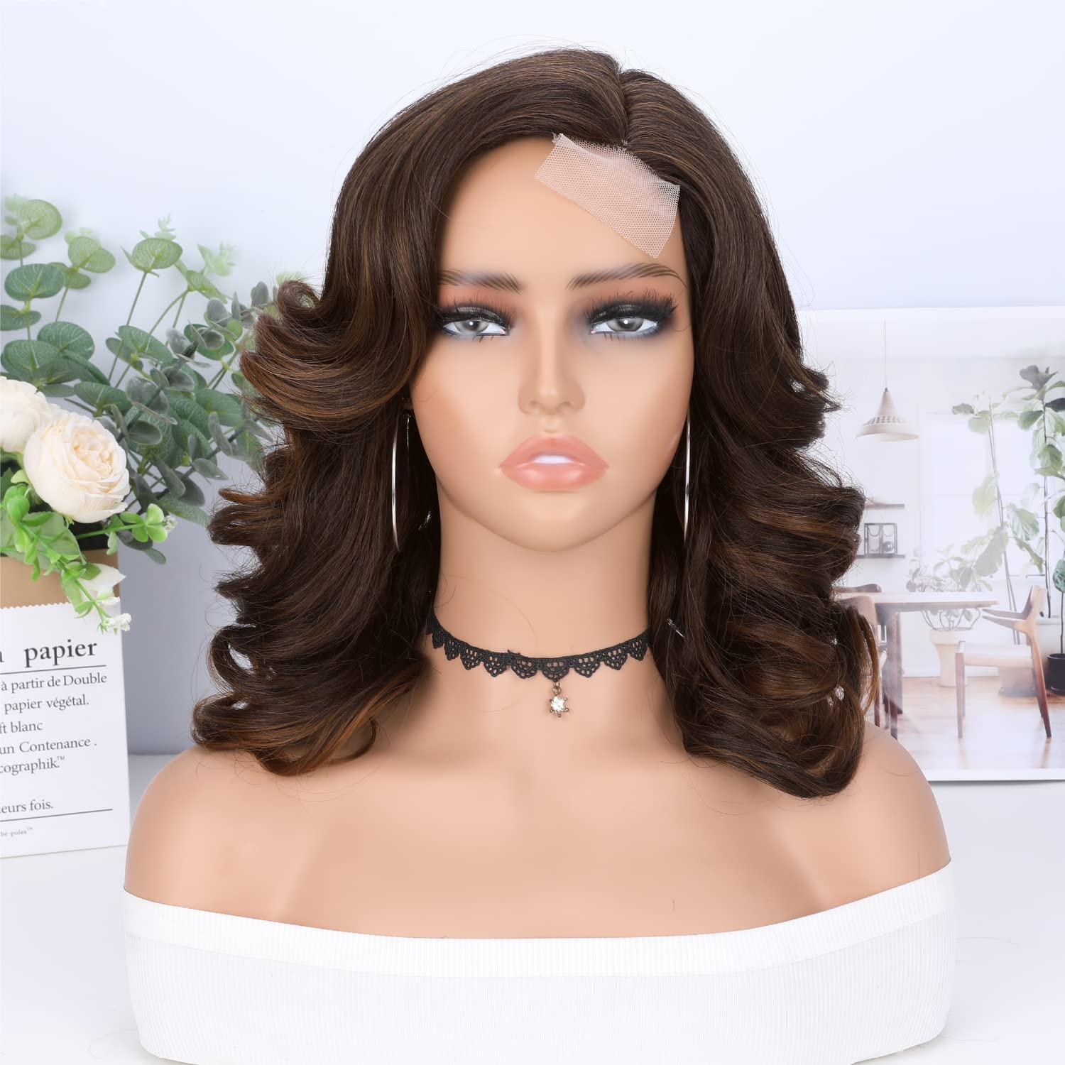 Wiger Short Wavy Wigs For Women Mixed Brown Loose Wave Bob Hair Wig 14 Inch Side Part Shoulder Length Glueless Lace Part Hair Sy