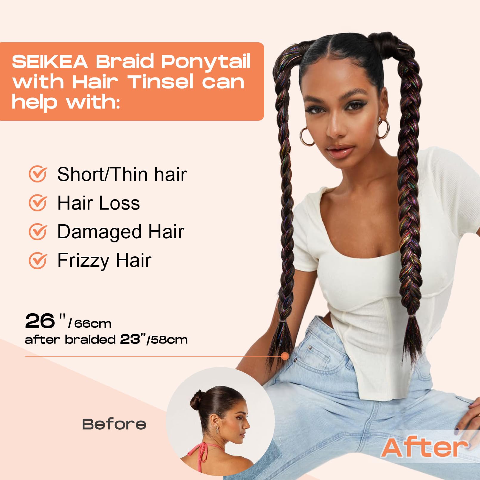 Seikea Braid Ponytail Extension With Glitter Hair Tinsel, 2Pcs 26'' Long Straight Diy Braid Hair Extension With Hair Tie, Wrap A
