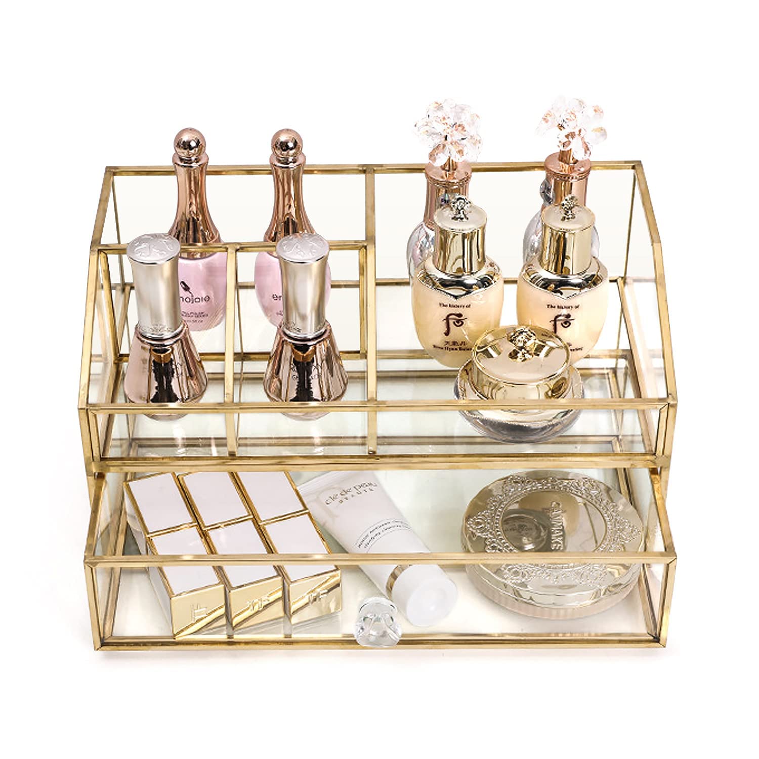 bofeiull Glass Makeup Brush Holder, Makeup Brush Organizer Jewelry Display Box, Nordic Style Elegant Glass Makeup Organizer Nail