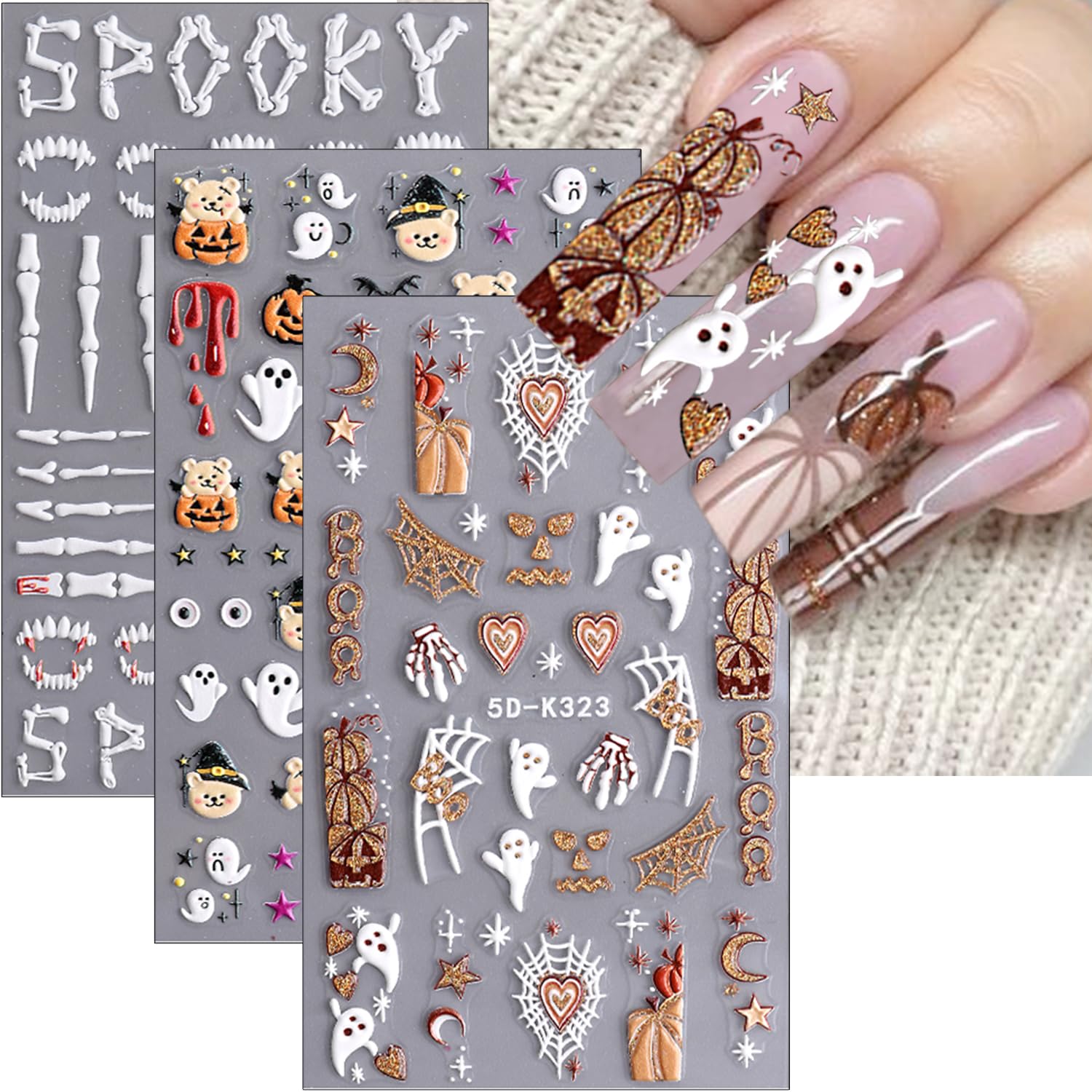 5D Halloween Nail Stickers Cute Ghost Nail Decals Self-Adhesive Pegatinas Uas Stars Moon Pumpkin Bear Fall Design Supplies Spook