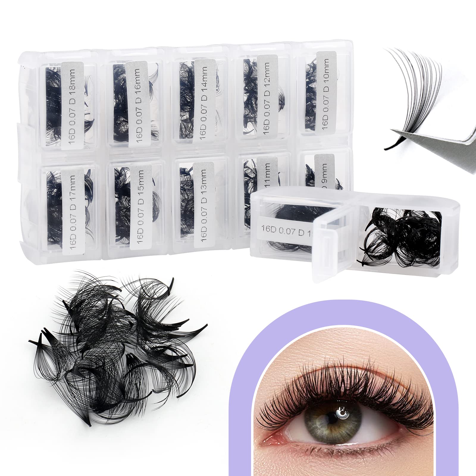 Wendy Lashes Eyelashes 1200Pcs False, Premade Fans 16D Volume, Loose Promade D Curl, Mixed 9-20Mm, Silk Material, Natural, Indiv