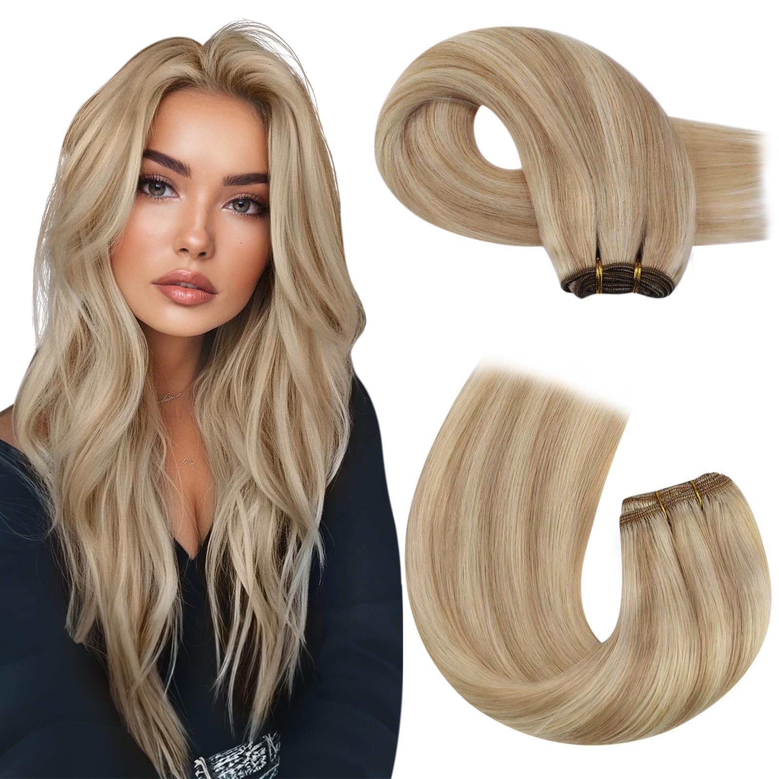 Moresoo Sew In Hair Extensions Real Human Hair Blonde Highlight Remy Weft Hair Extensions Dark Ash Blonde Highlighted With Golde