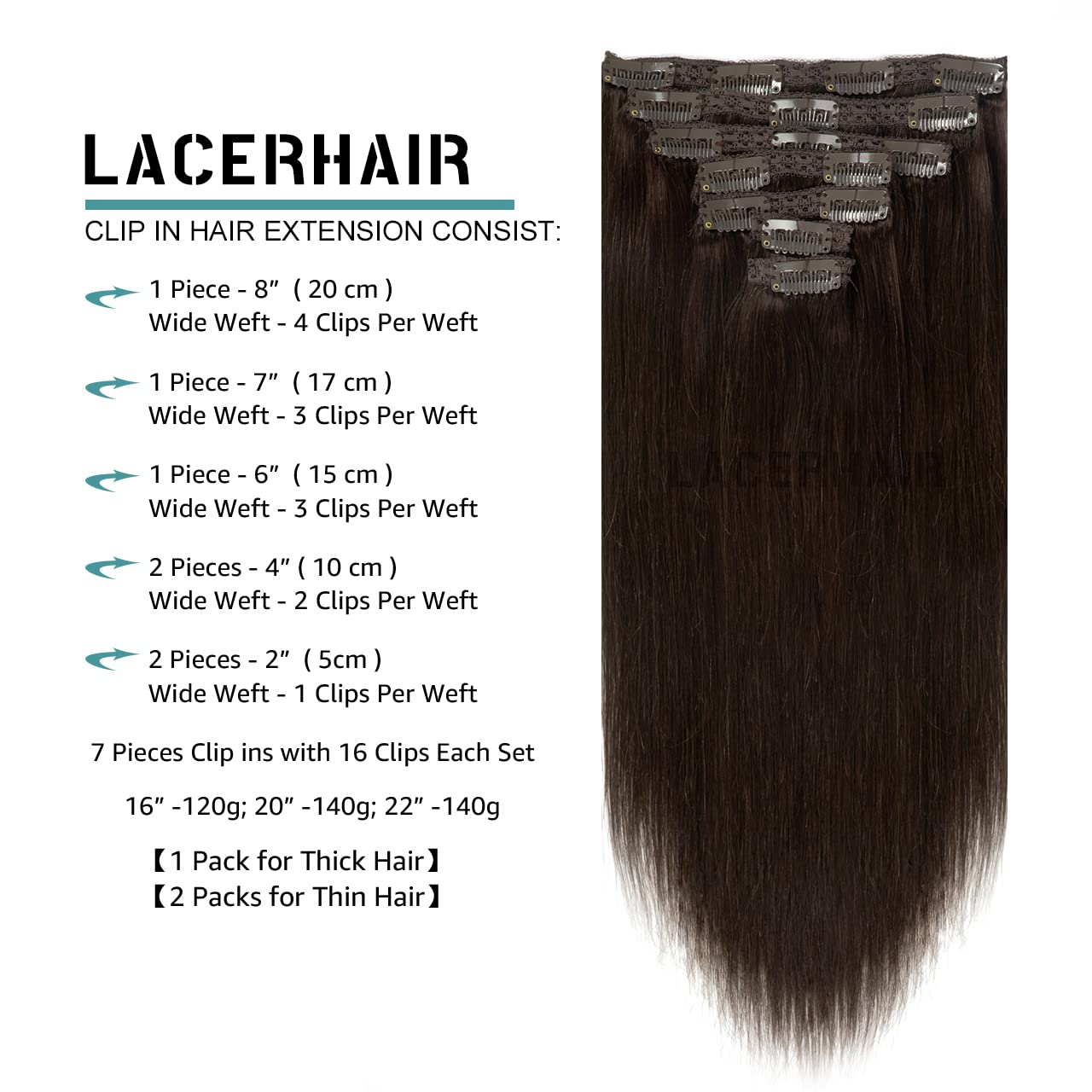 Lacer Clip In Hair Extensions Human Hair, Light Dark Brown Hair Extensions Clip In Human Hair 14 Inch 120G 7Pcs Remy Clip In Hai
