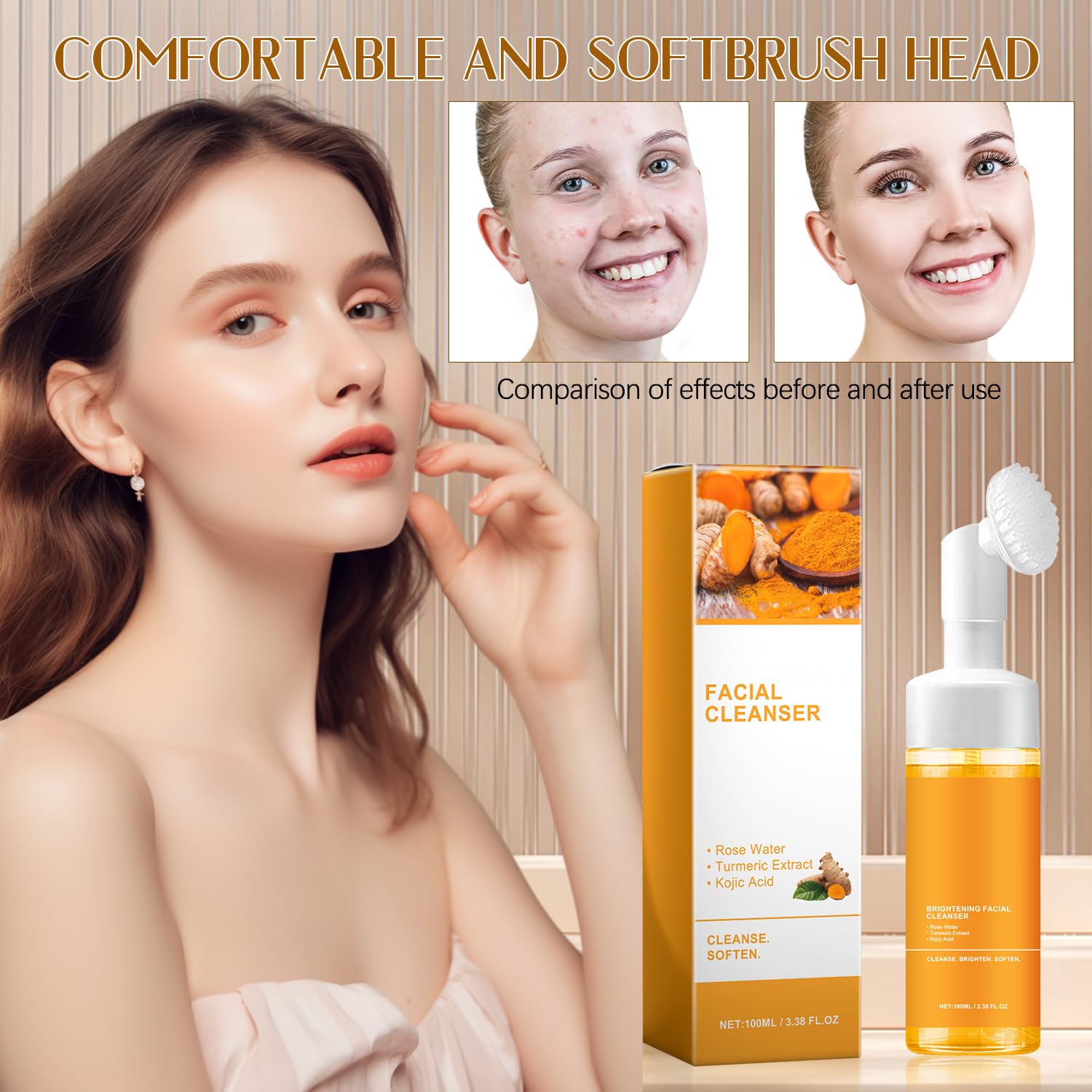 Grenben 2Pcs Turmeric Facial Cleanser, Turmeric Facial Wash, Foaming Face Wash, Turmeric Acid Foaming Cleanser, Deep Cleansing O